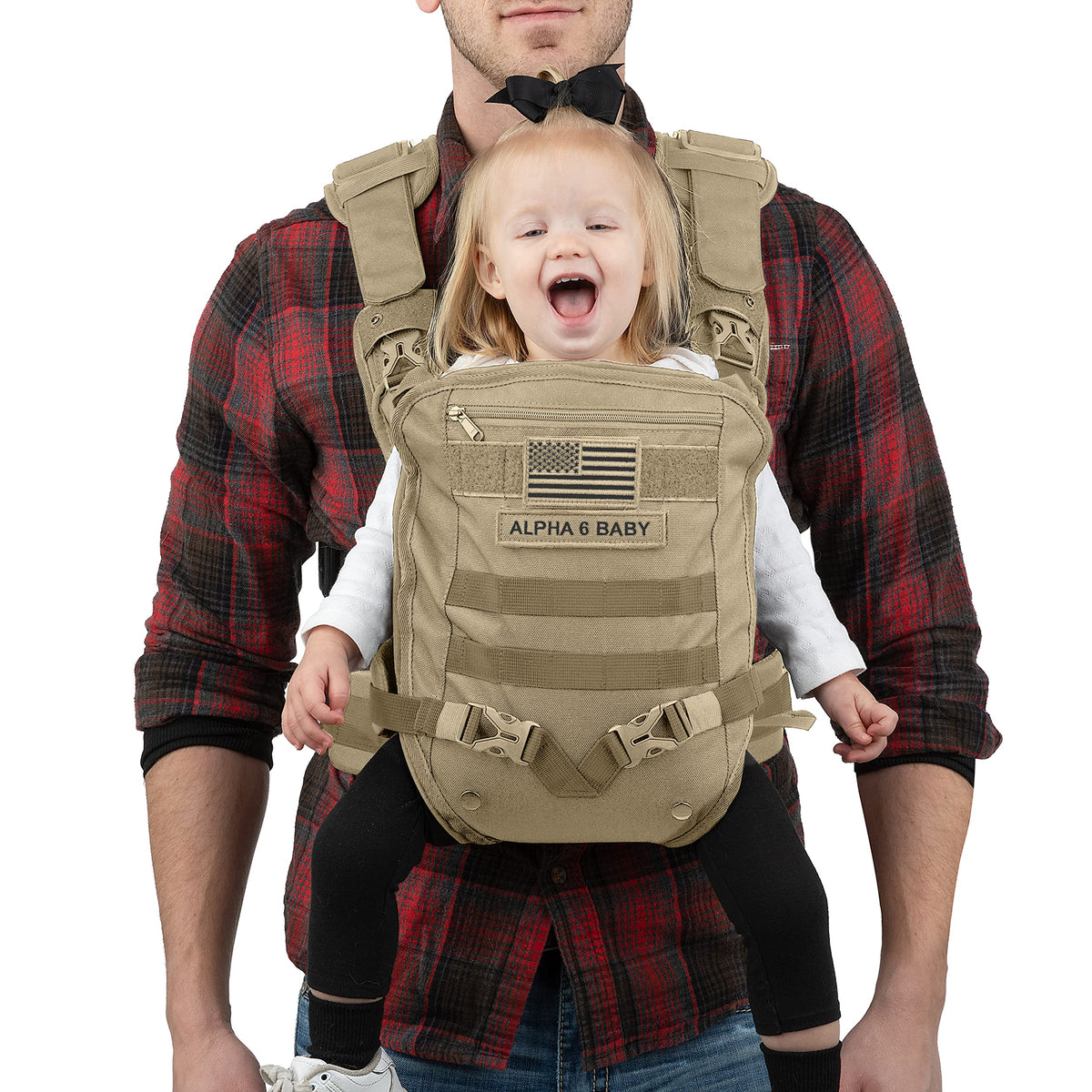 Alpha Six Baby Carrier front-facing desert khaki silhouette for active dads.