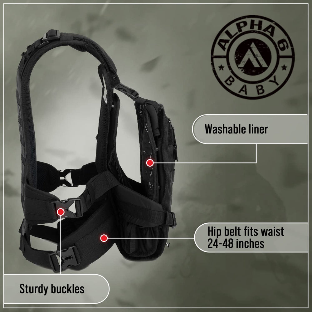 Alpha Six Baby Carrier heavy-duty shoulder straps ensure a secure fit.