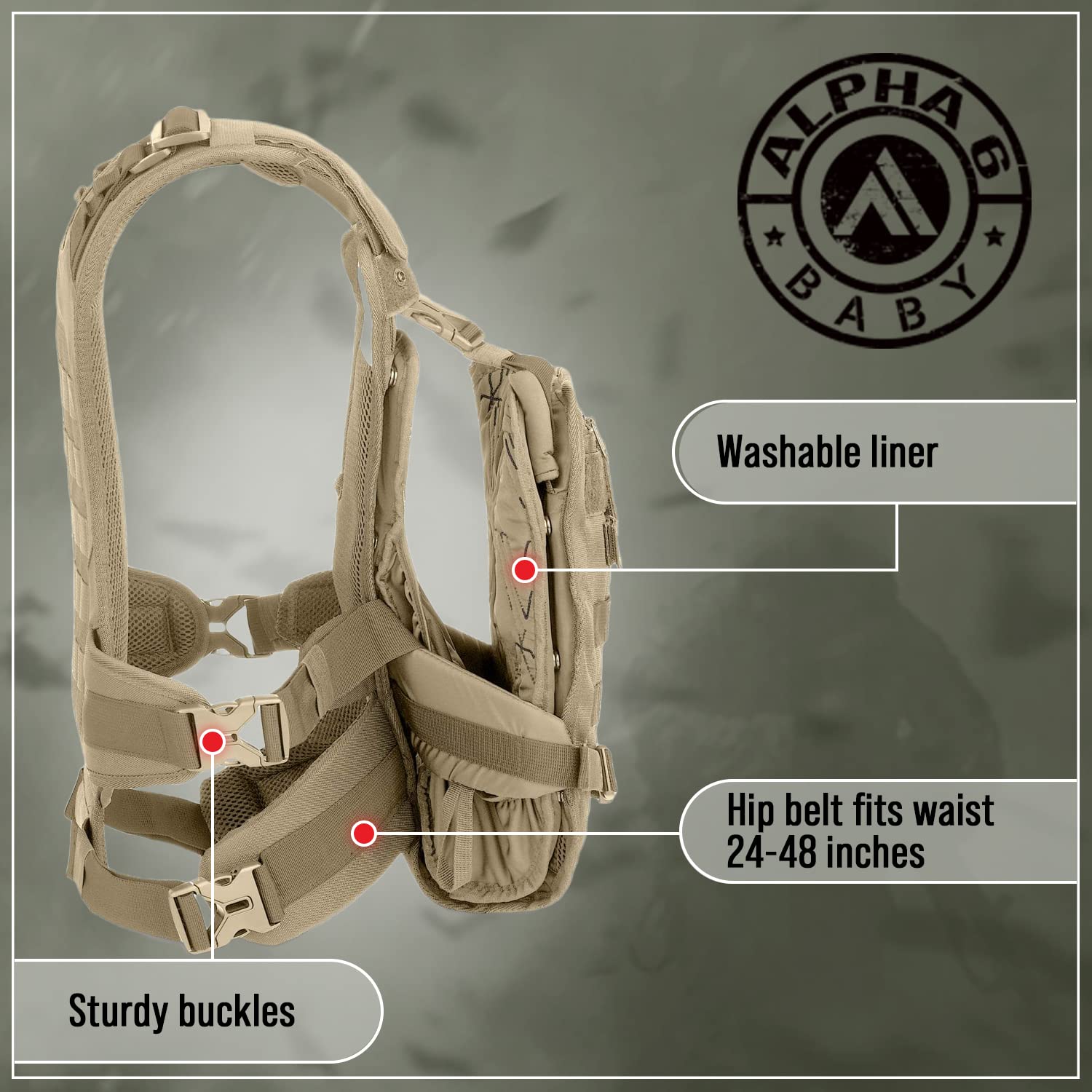 Alpha Six Baby Carrier storable sun shade provides baby shade on hikes.