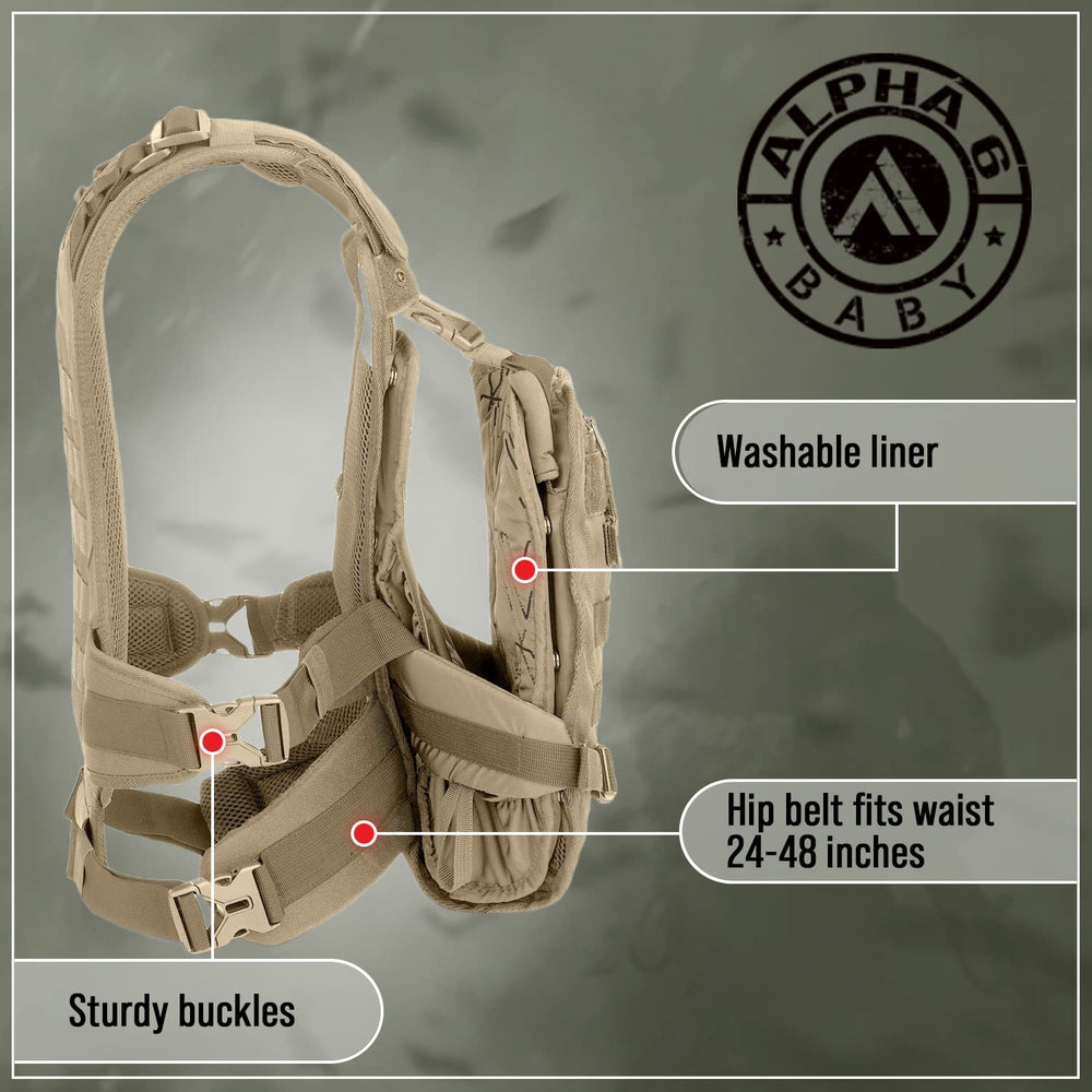 Alpha Six Baby Carrier storable sun shade provides baby shade on hikes.