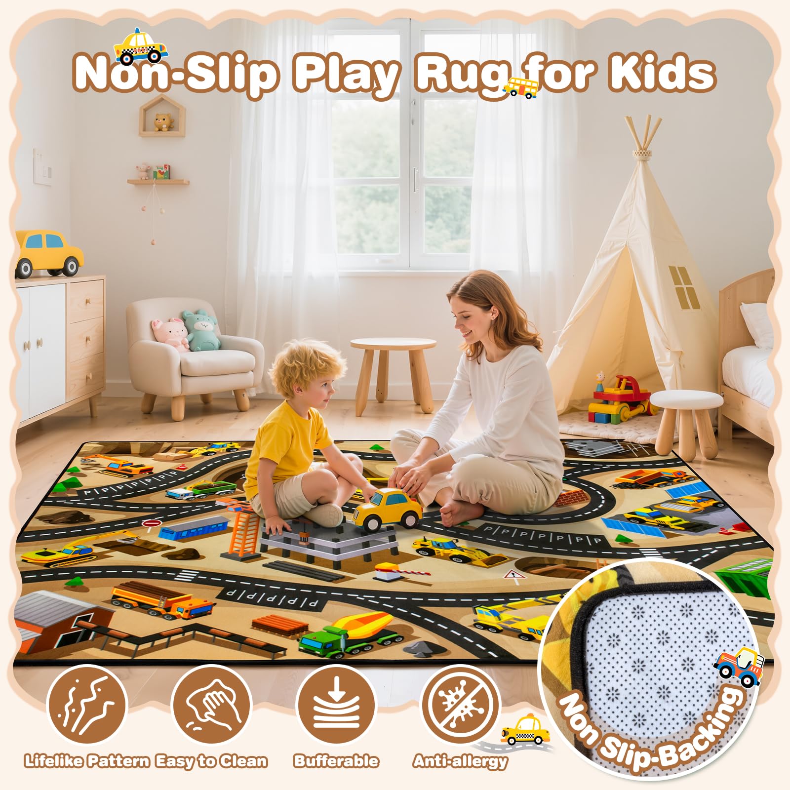 AlphabetAcre kids car rug non-slip back keeps playtime safe on any floor