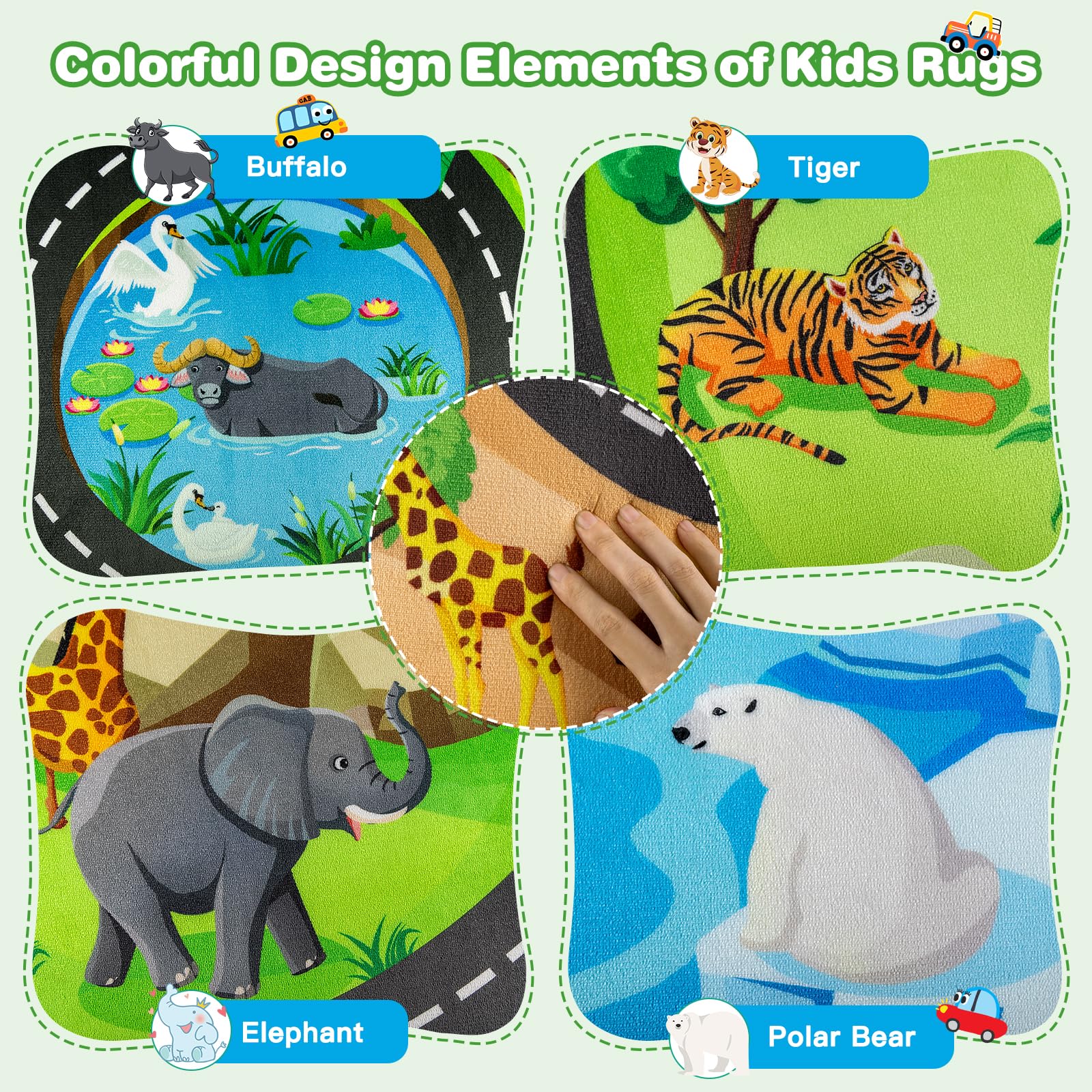 AlphabetAcre Kids Rug machine-washable for easy cleanup.