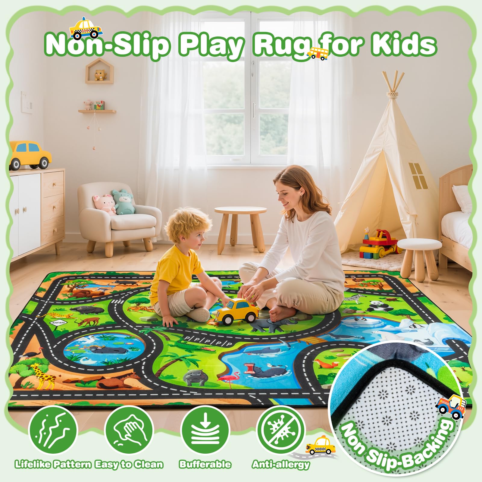 AlphabetAcre Kids Rug non-slip-back keeps kids safe during active play.
