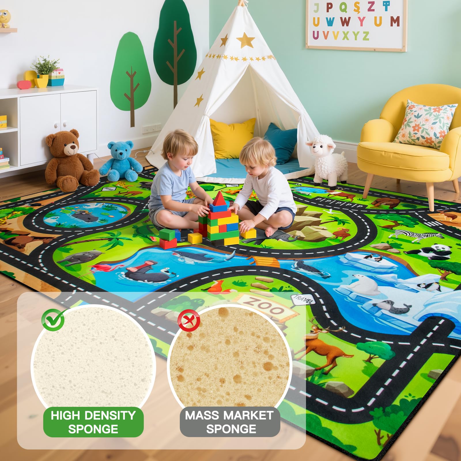 AlphabetAcre Kids Rug soft-flannel surface delivers cozy, comfortable play.