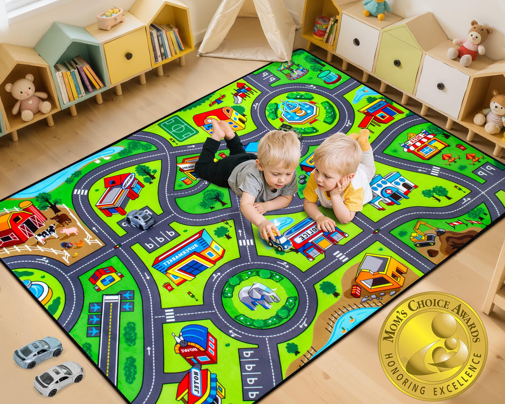 AlphabetAcre Road Rug 5x7 city-pattern promotes imaginative play and basic traffic-awareness for kids.