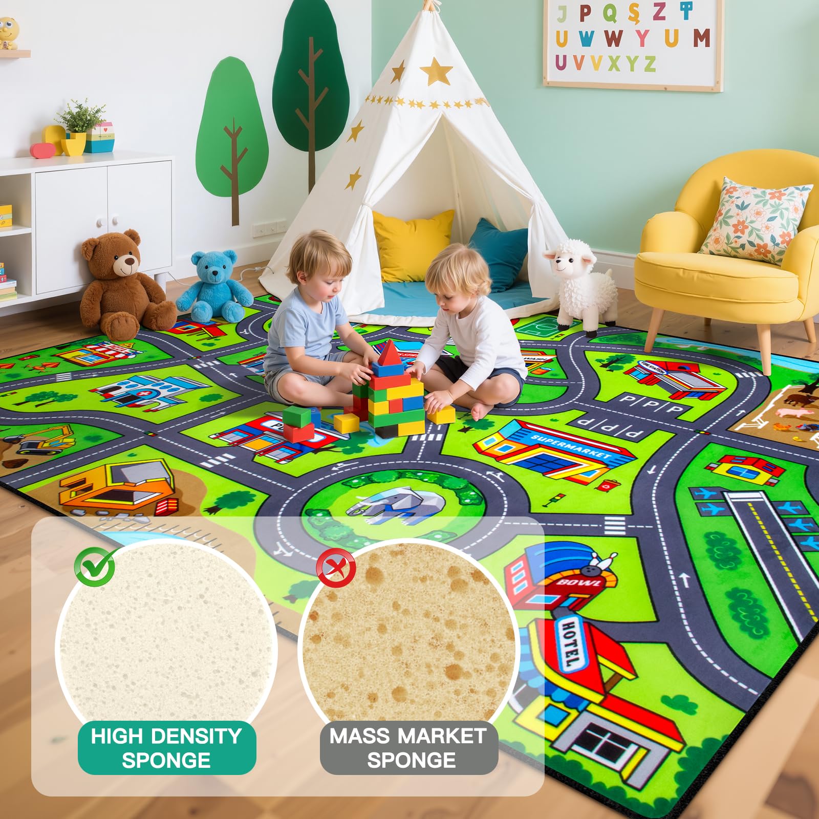 AlphabetAcre Road Rug educational-toy-drive highlights traffic patterns and road-learning through action play.