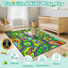 AlphabetAcre Road Rug non-slip-back keeps vehicles and kids safely in place during play.
