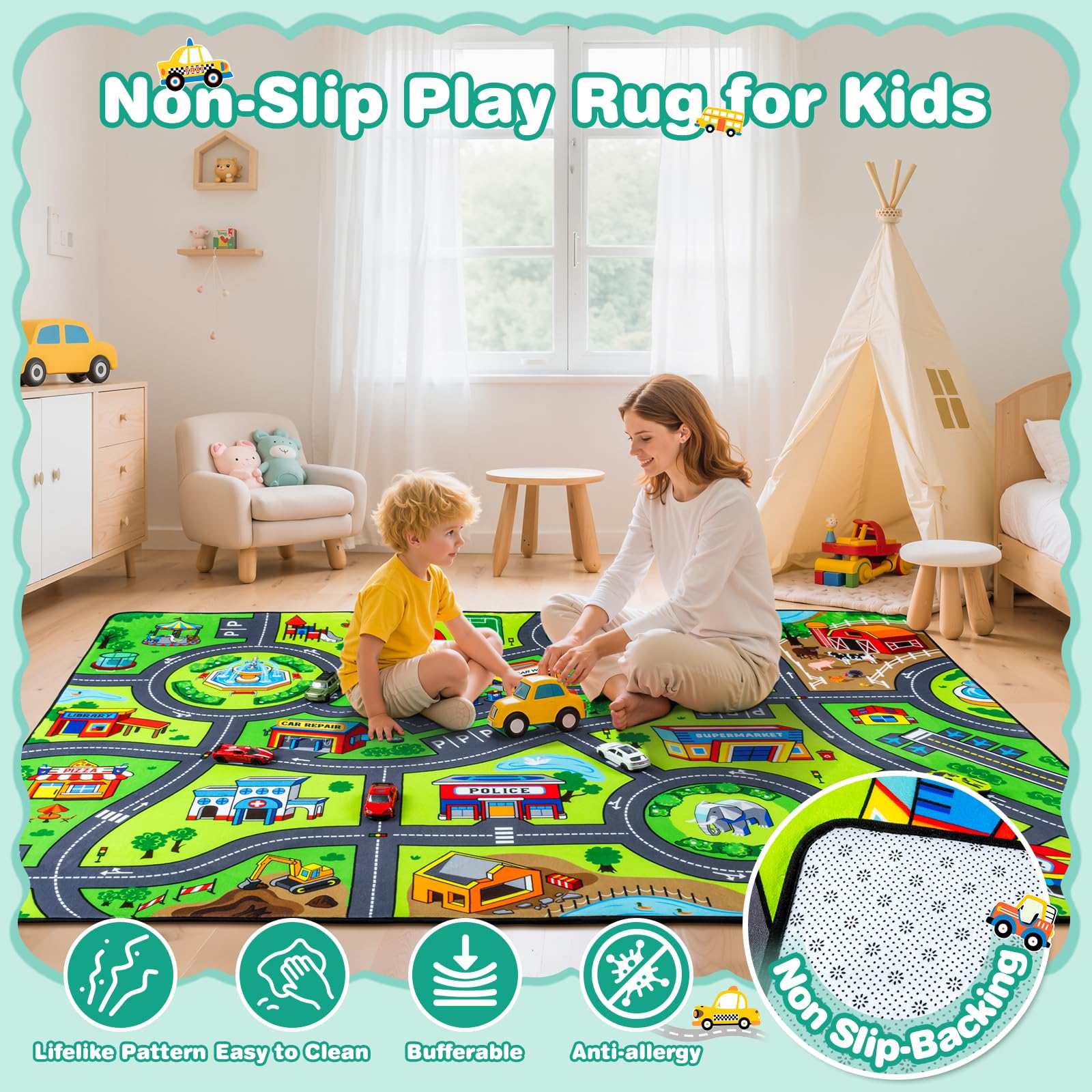AlphabetAcre Road Rug soft-flannel material creates a cozy play surface for toddlers.