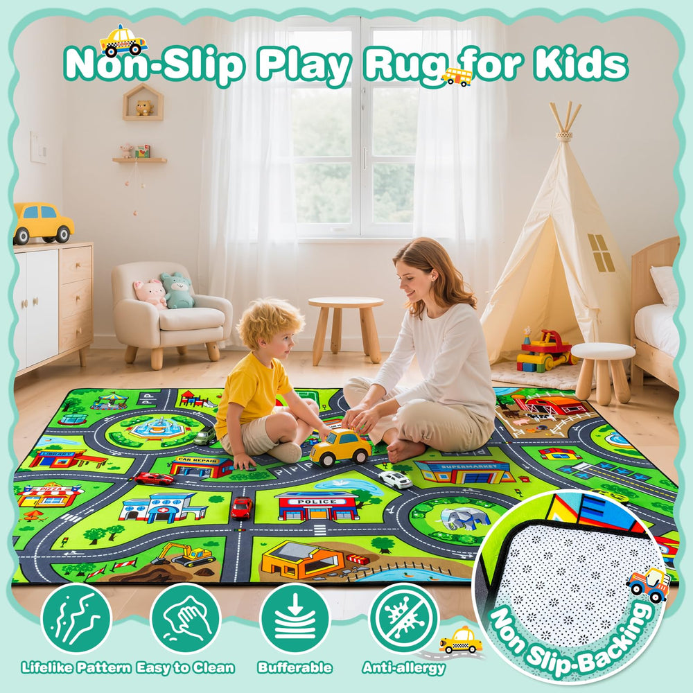 AlphabetAcre Road Rug soft-flannel material creates a cozy play surface for toddlers.