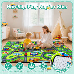 AlphabetAcre Road Rug soft-flannel material creates a cozy play surface for toddlers.