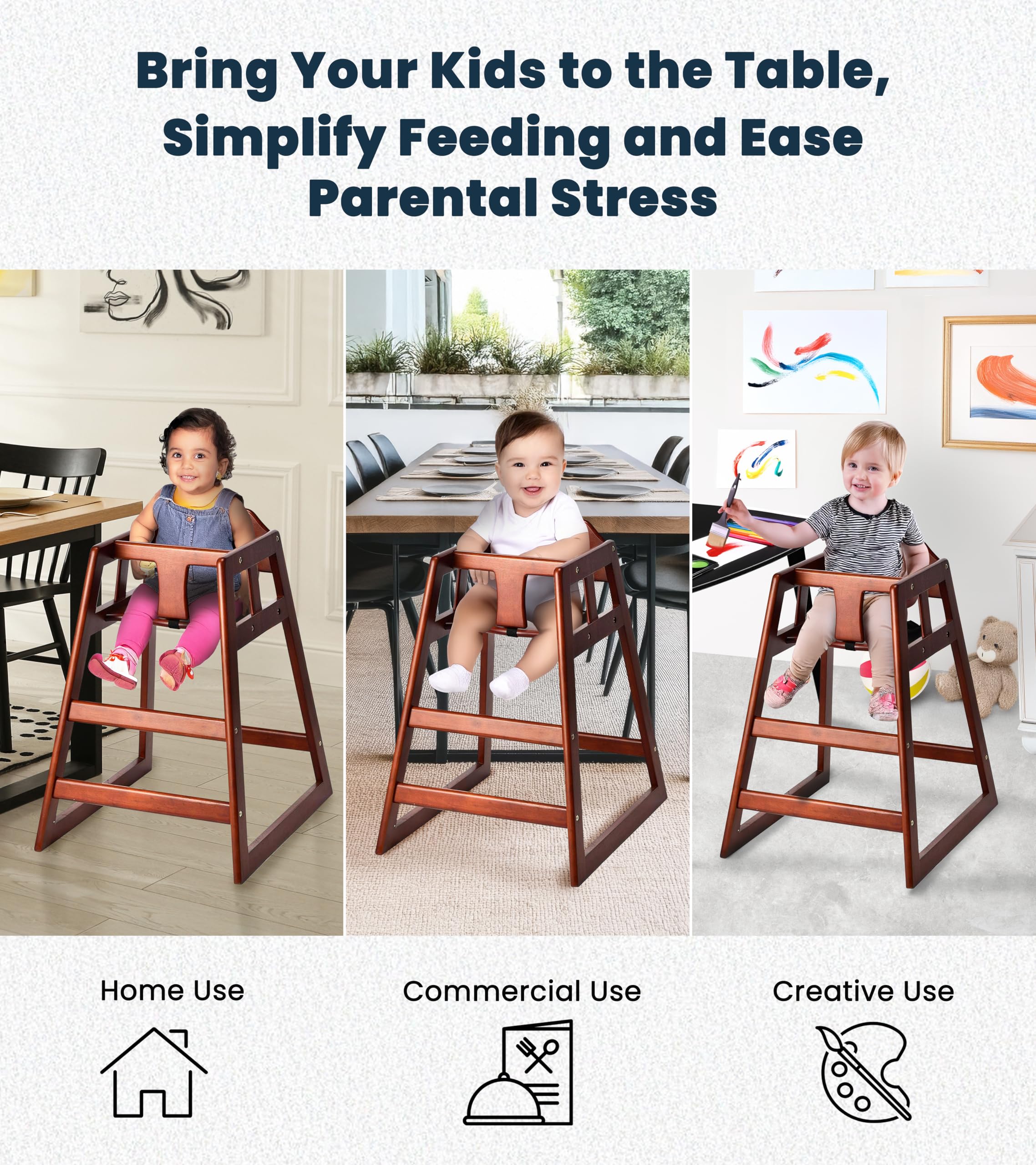 Alpine high chair with easy-clean surface simplifies sanitation between guests