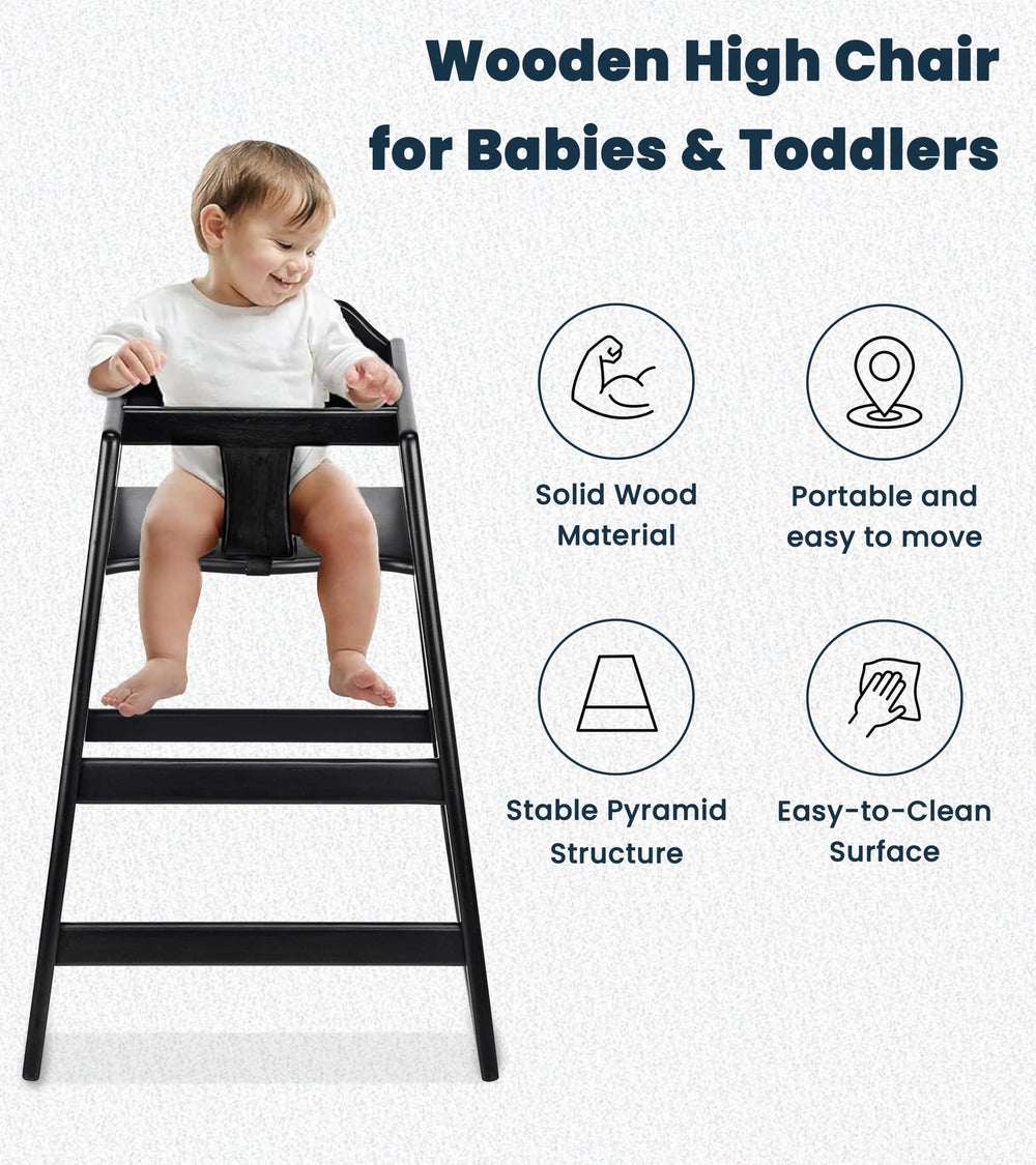Alpine high chair durable wood with black finish for daily restaurant use.