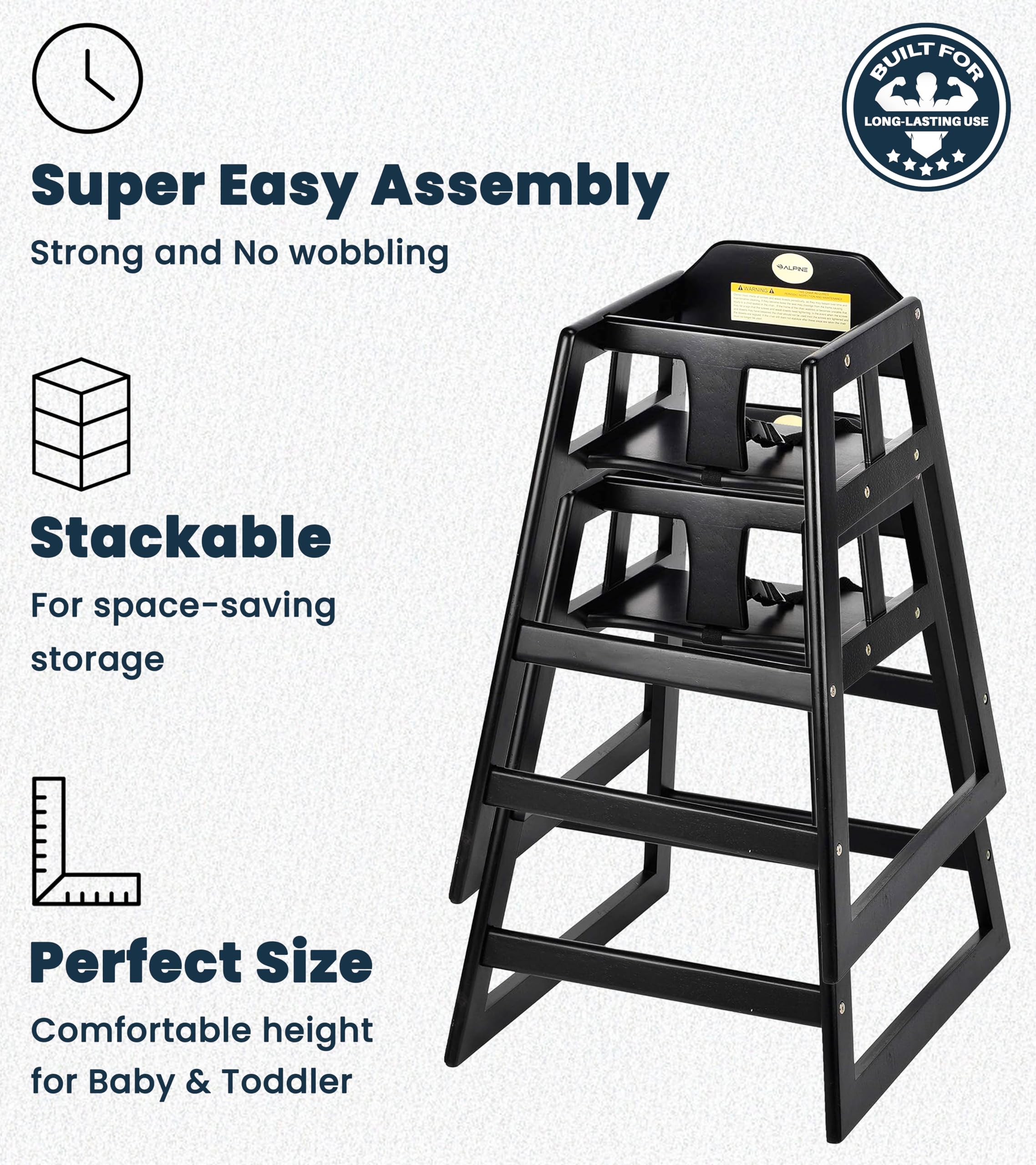 Alpine high chair easy-clean surface supports sanitary dining after meals.