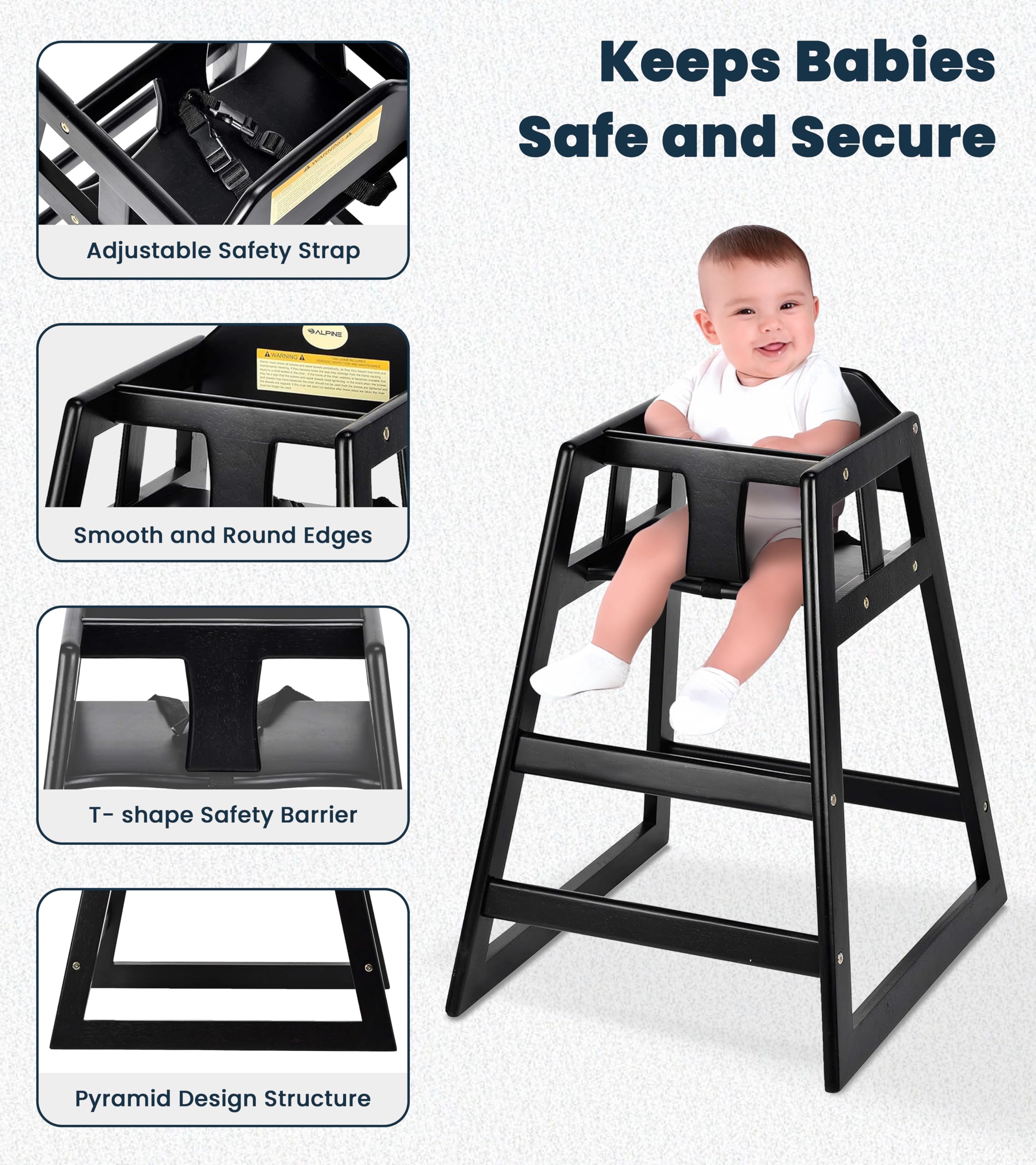 Alpine high chair stable pyramid base ensures steady seating during meals.