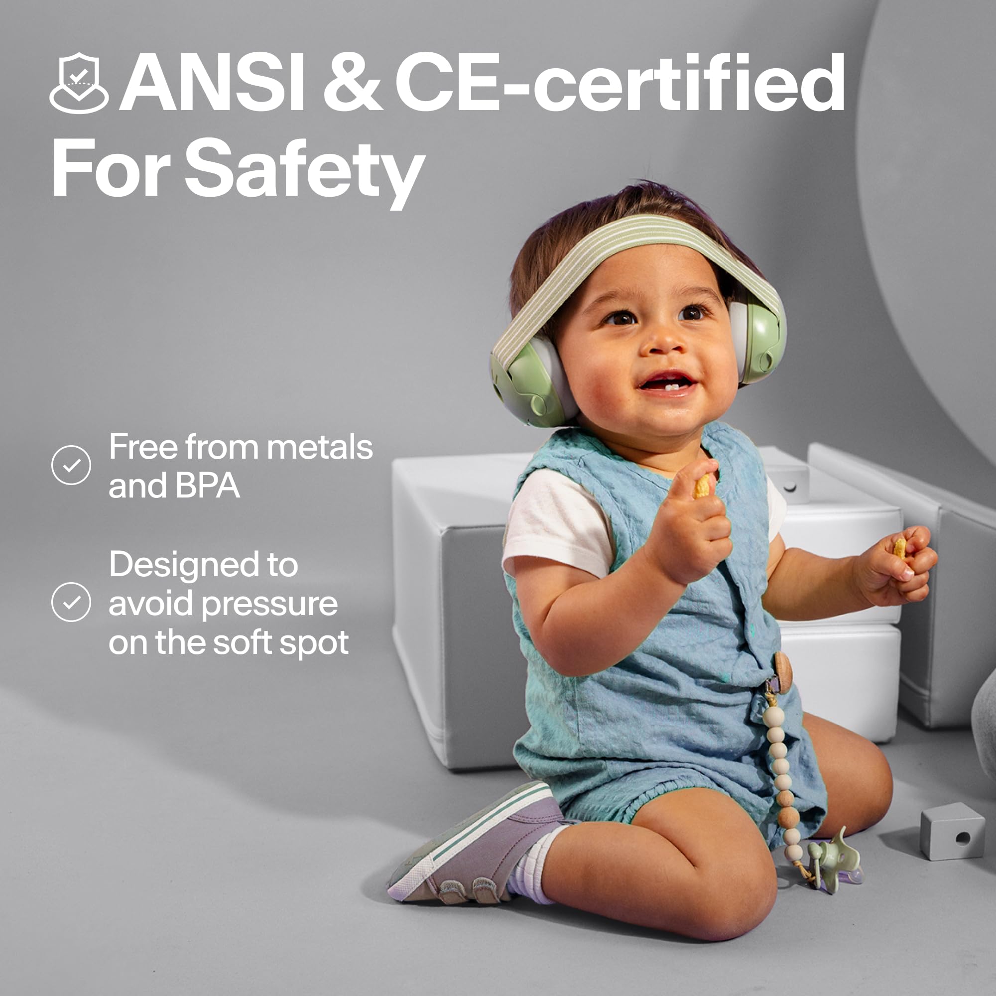 Alpine Muffy Baby anti-slip headband with soft padding supports stable wear during travel.