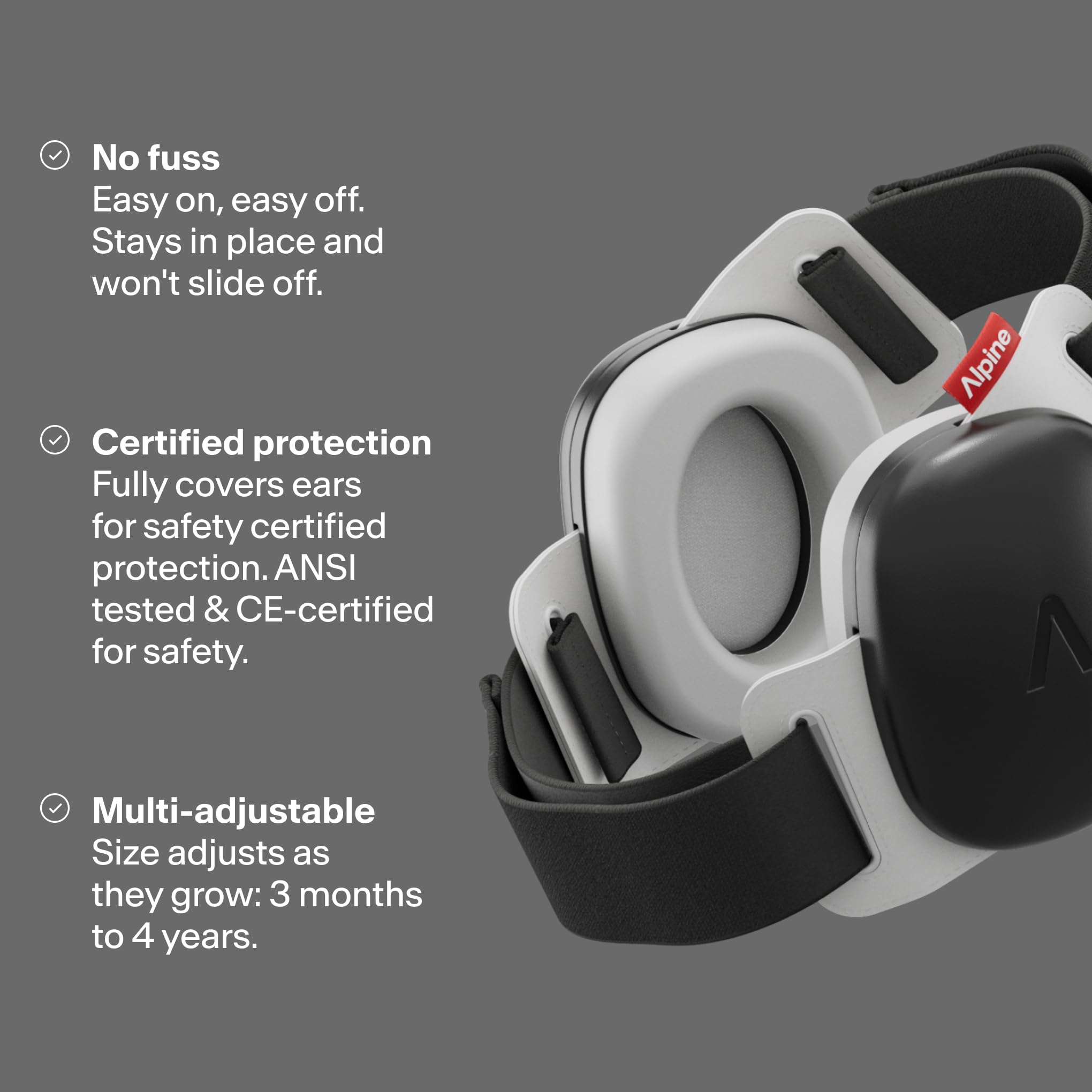 Alpine Muffy Baby Comfort soft Velcro strap adapts as babies grow.