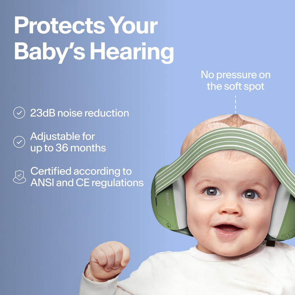 Blue Alpine Muffy baby ear caps with soft padding reduce noise exposure for little ears.