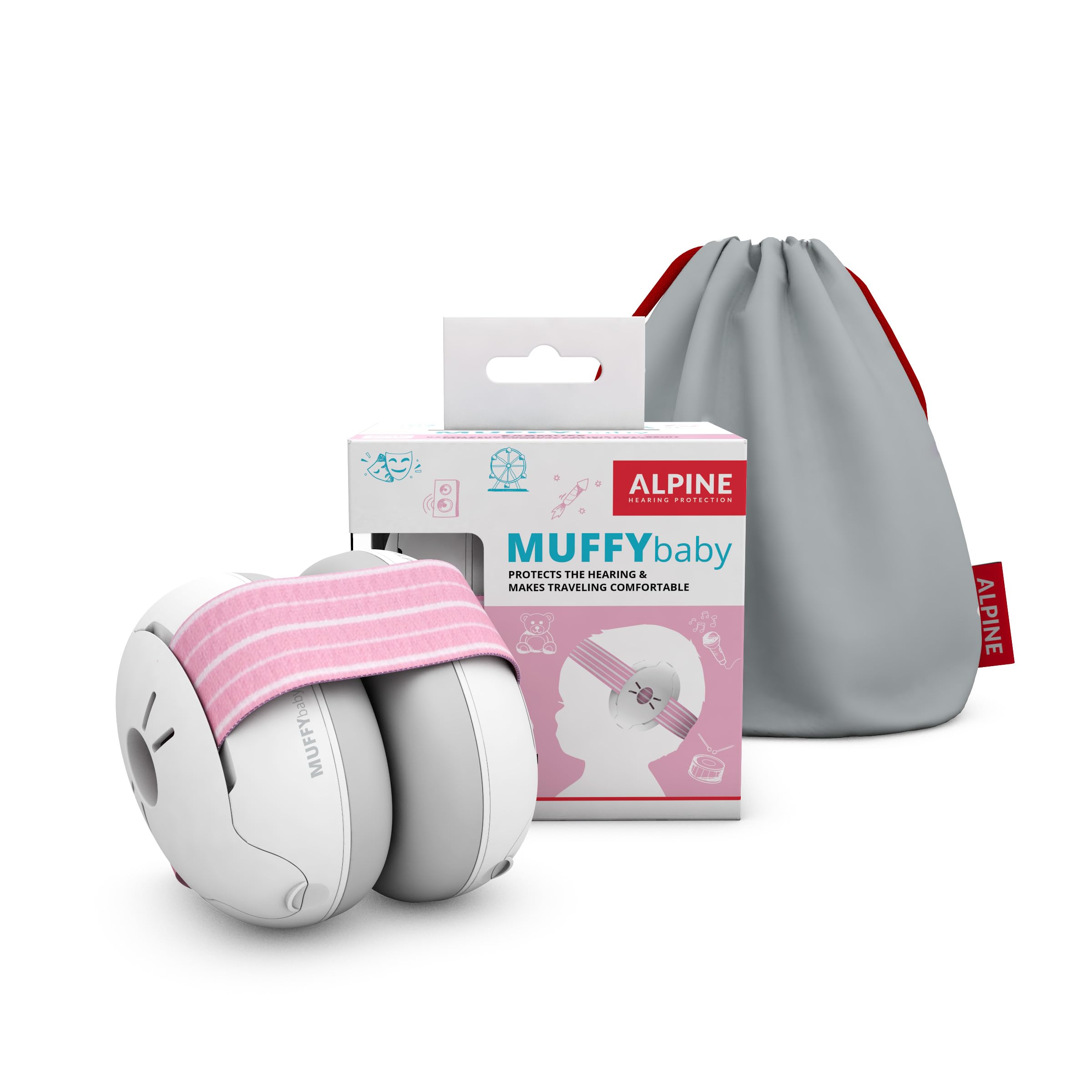 Alpine Muffy Baby pink ear protection close-up showing soft headband for gentle fit.