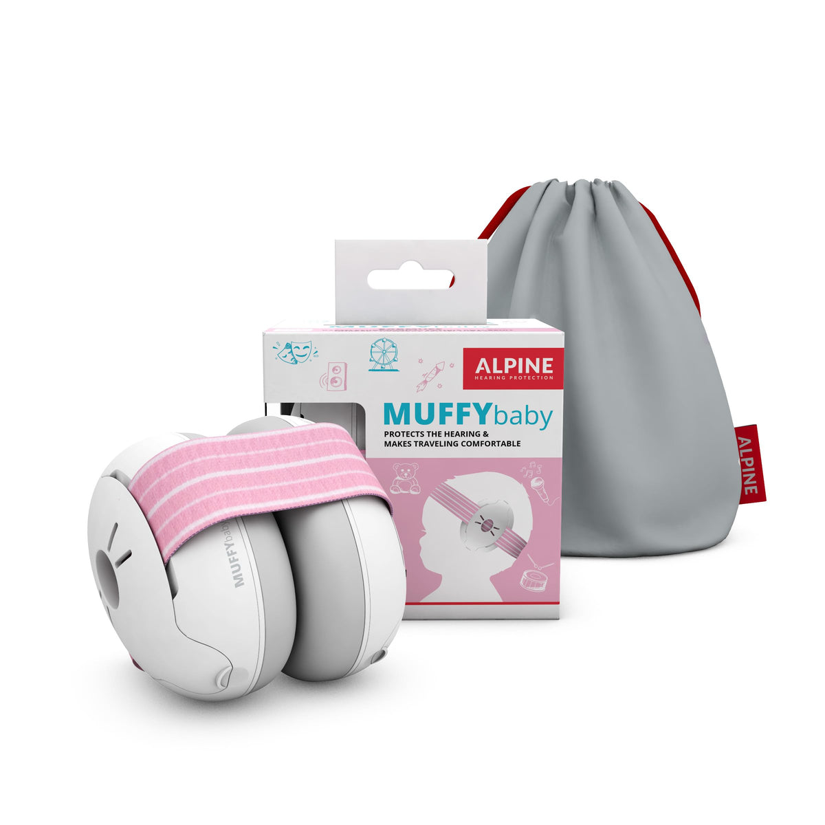 Alpine Muffy Baby pink ear protection close-up showing soft headband for gentle fit.