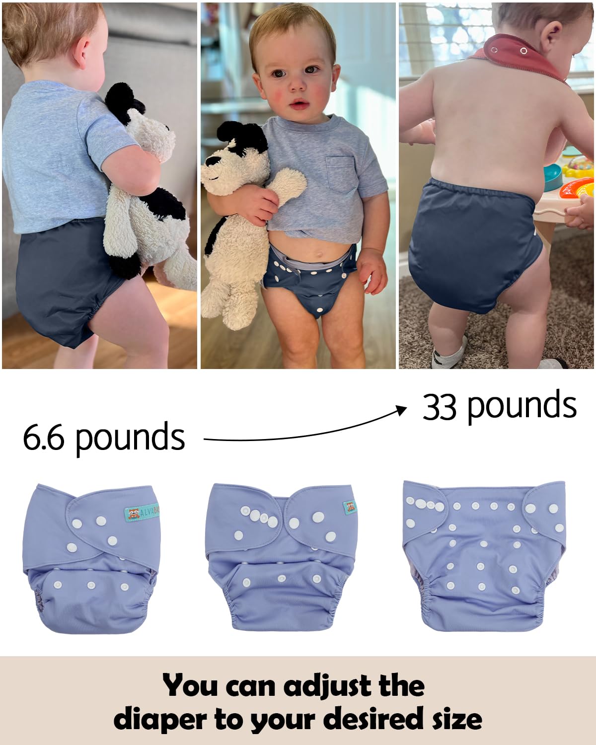 ALVA diaper cover hip-snaps showcase secure, droop-free fit.