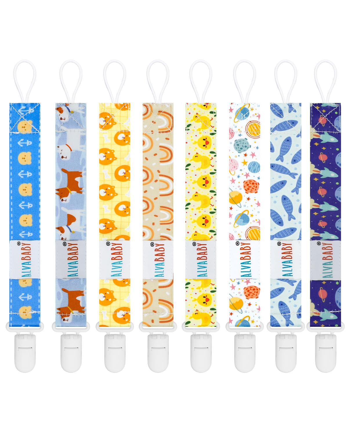ALVABABY pacifier clip pack closeup highlights secure clip and soft fabric for gentle babywear