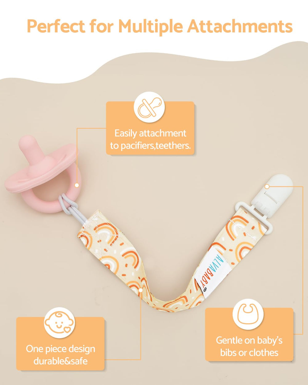 ALVABABY pacifier clip pattern rainbow demonstrates cheerful, easy-to-spot clip for quick pacifier access
