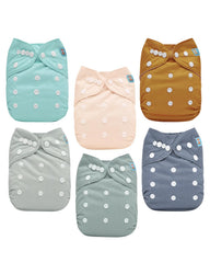 ALVABABY six-pack cloth diapers with adjustable snaps for a secure fit.