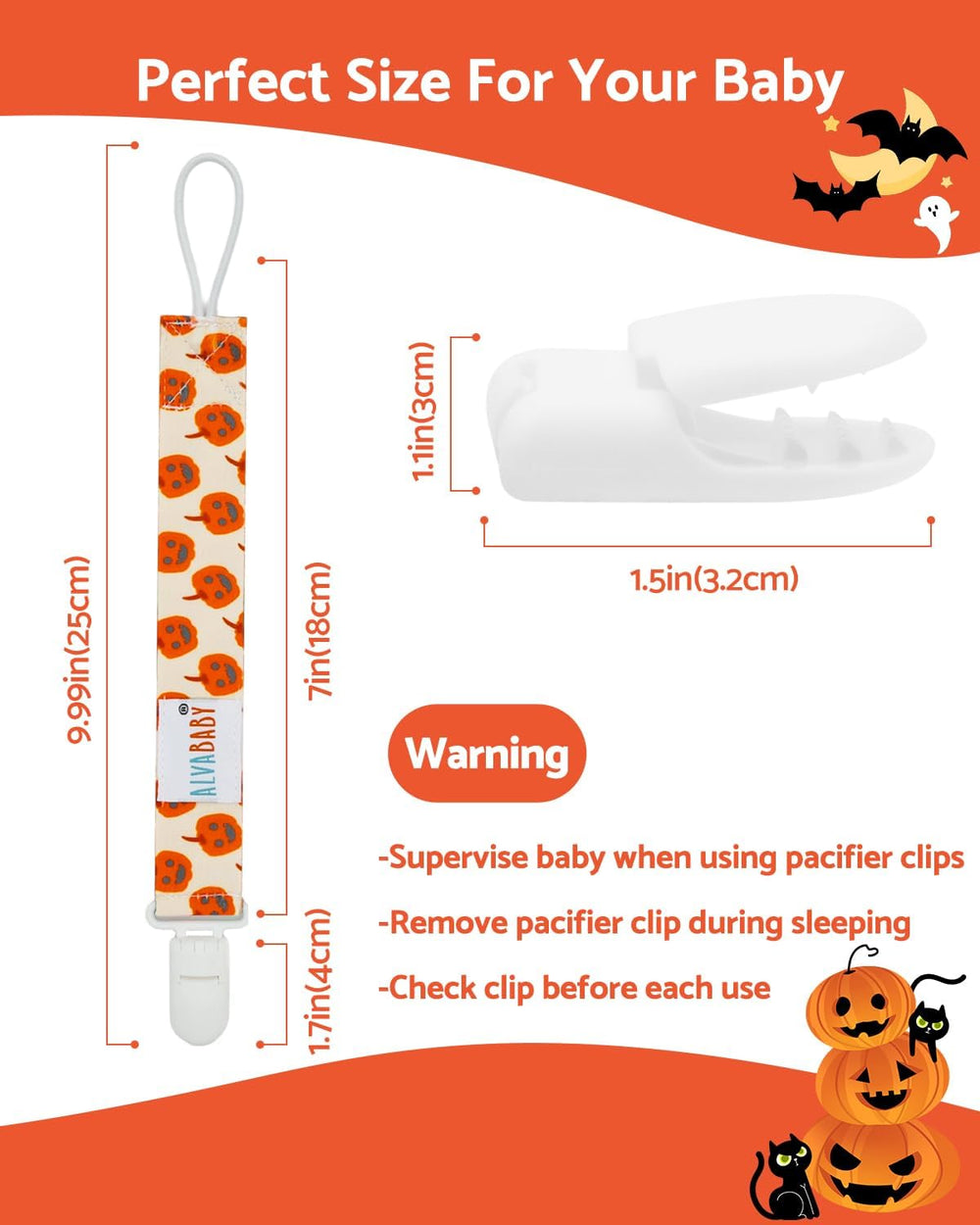 ALVABABY pacifier clip close-up shows BPA-free safety and durability