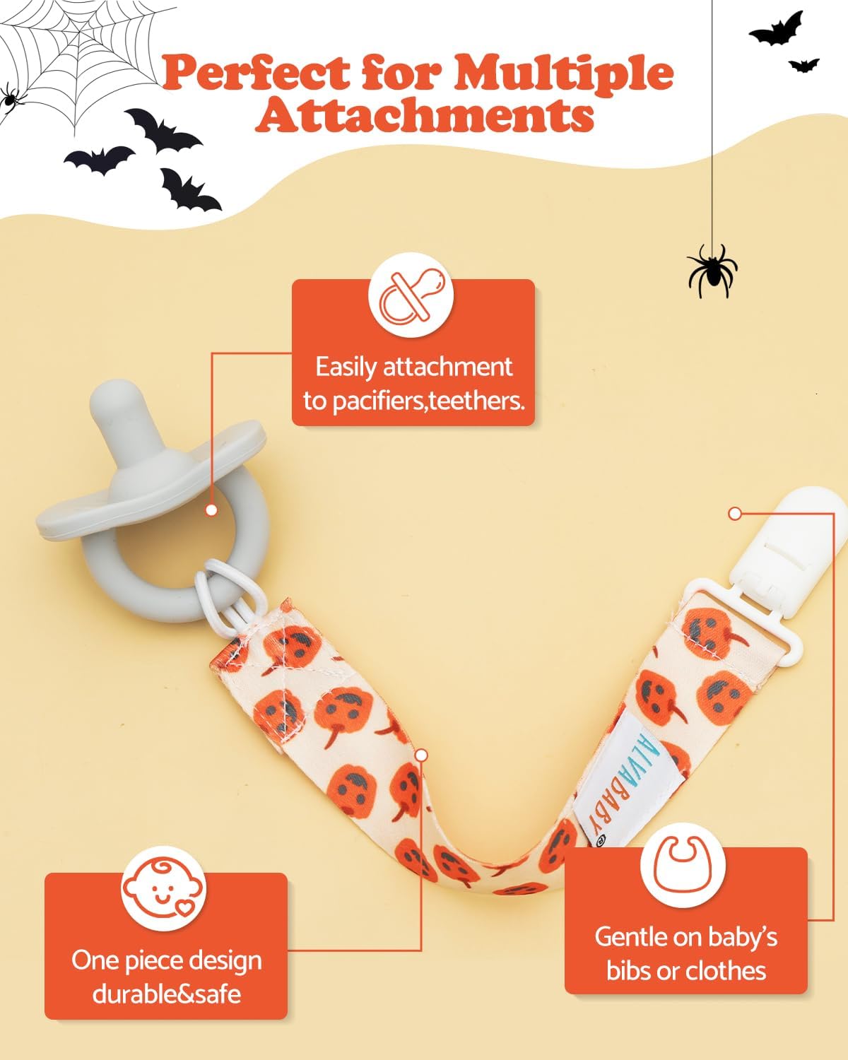 ALVABABY pacifier clip on-clothes design holds pacifier without damage