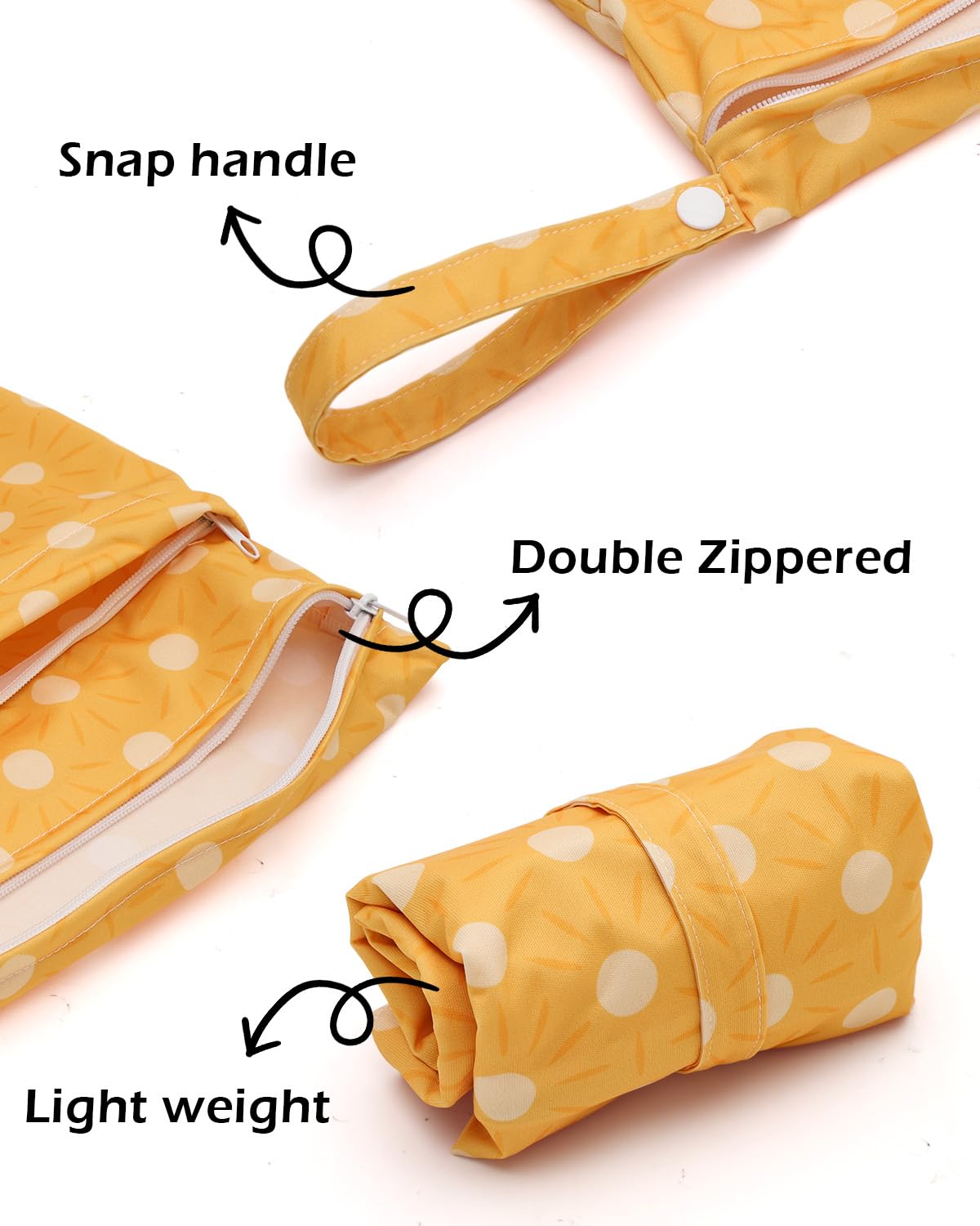 ALVABABY wet dry bag dual zipper close up highlighting separate wet and dry compartments