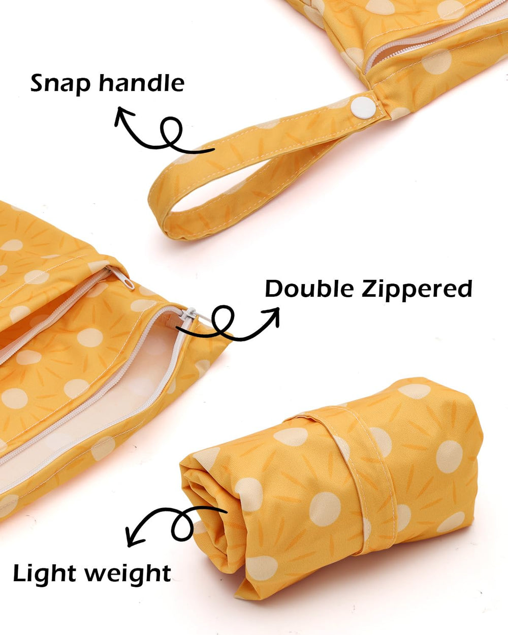 ALVABABY wet dry bag dual zipper close up highlighting separate wet and dry compartments
