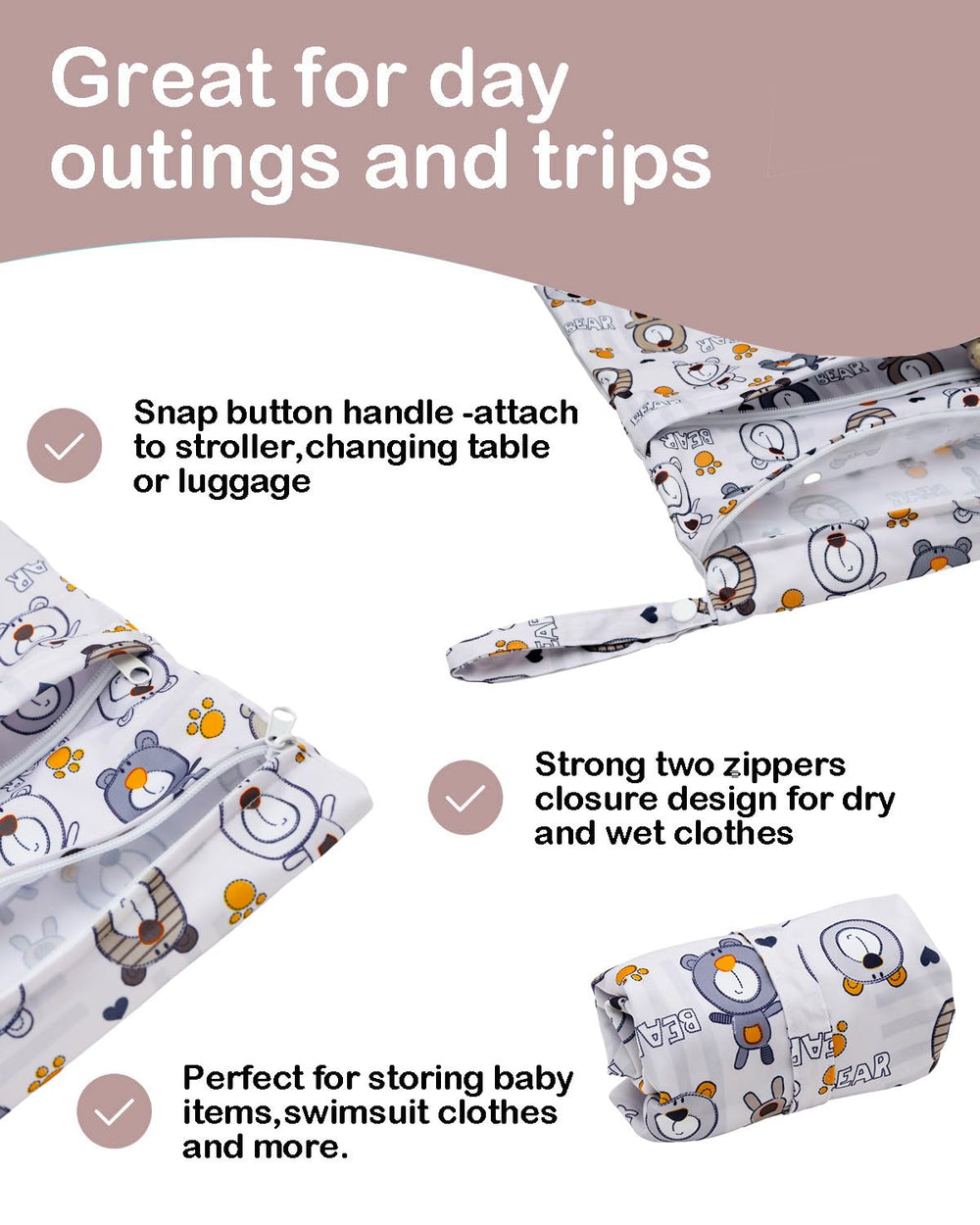 ALVABABY wet-dry bag material close-up notes lightweight, waterproof polyester.