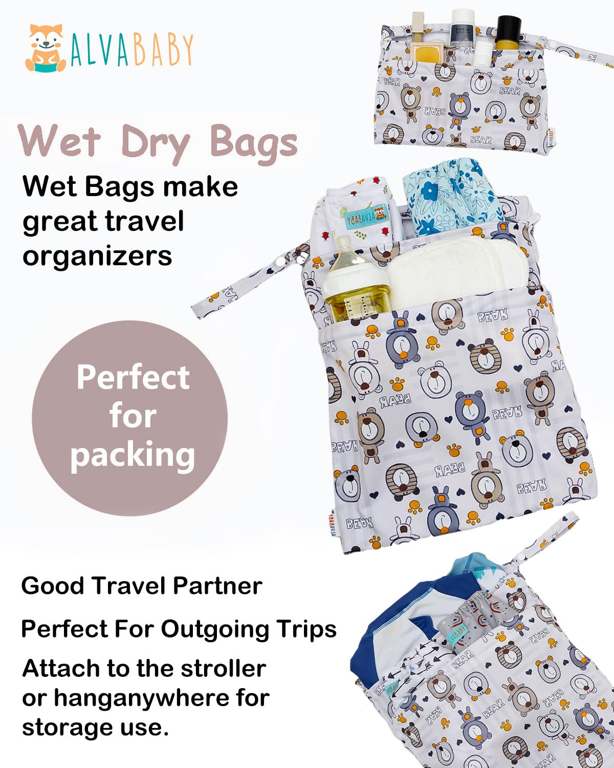 ALVABABY wet-dry bag travel-use scene with a snap handle on a stroller.