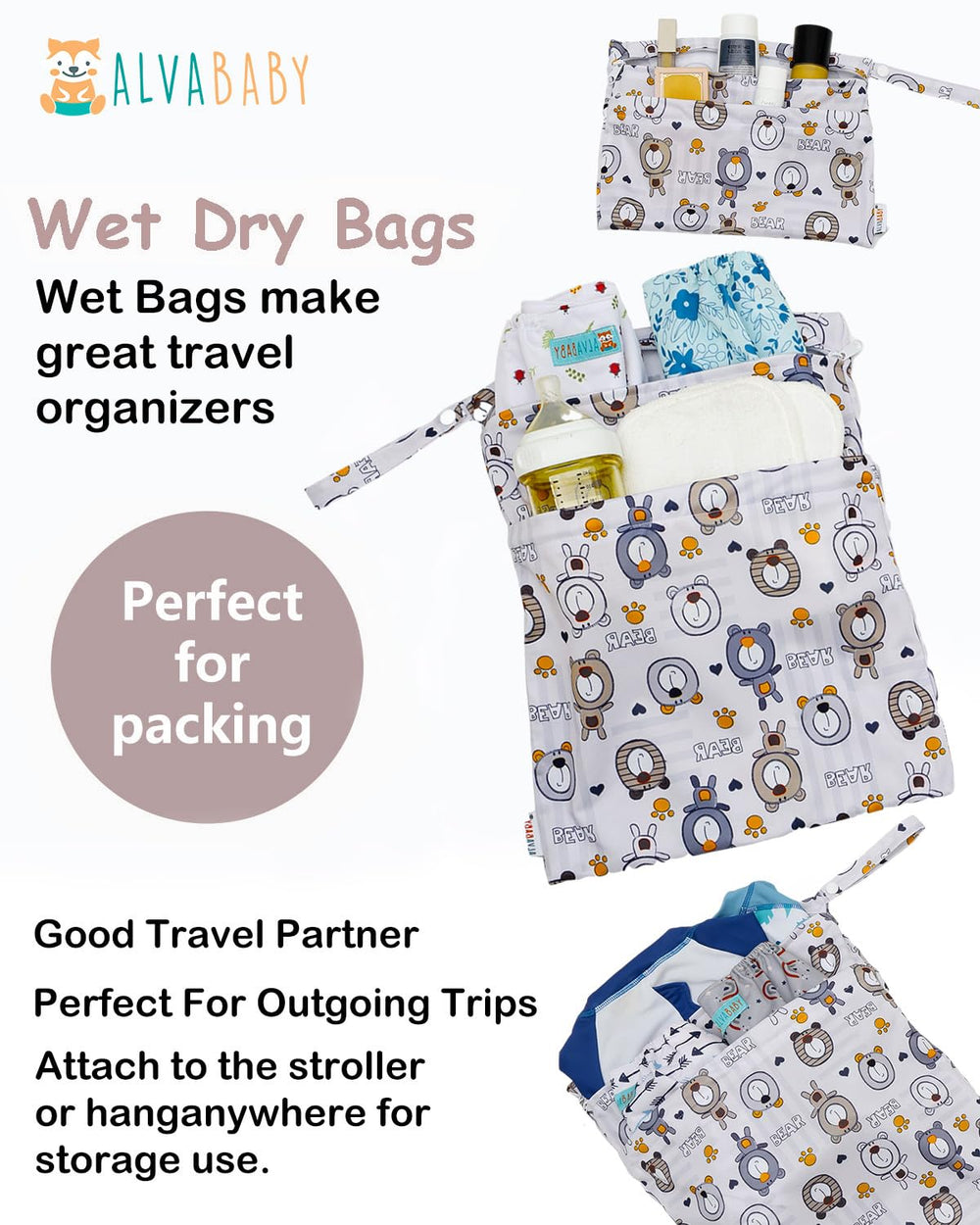 ALVABABY wet-dry bag travel-use scene with a snap handle on a stroller.