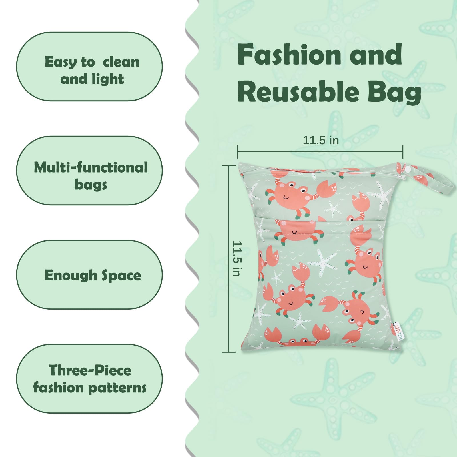 ALVABABY wet/dry bag zipper detail; secure dual pockets for wet and dry items.
