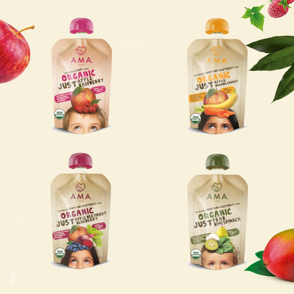 AMA TIME organic baby food pouch with apple-blueberry-beetroot for nutrient-rich puree