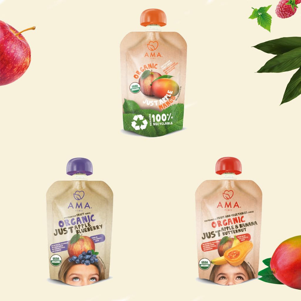 AMA TIME organic baby food pouch with apple-blueberry for smooth early solids