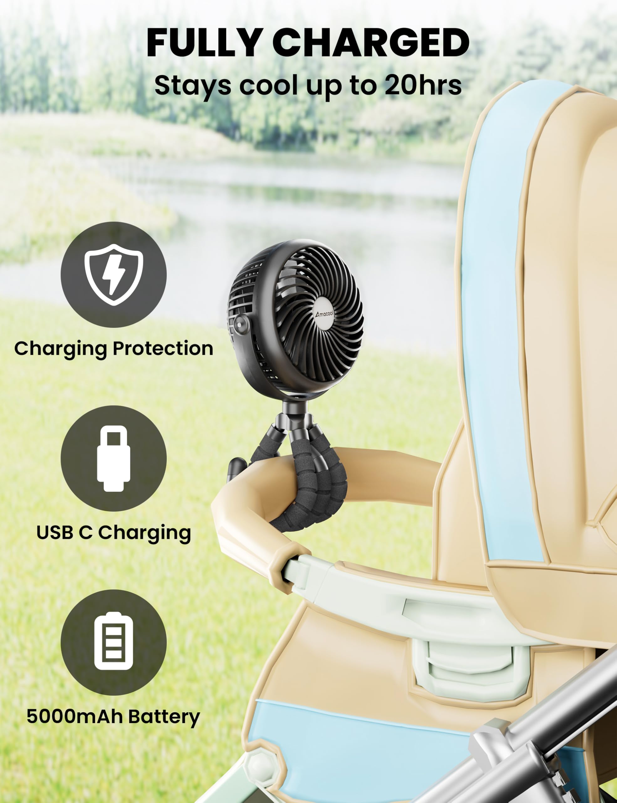 AMACOOL Baby Stroller Fan clip-on mount keeps breeze within reach during travel.