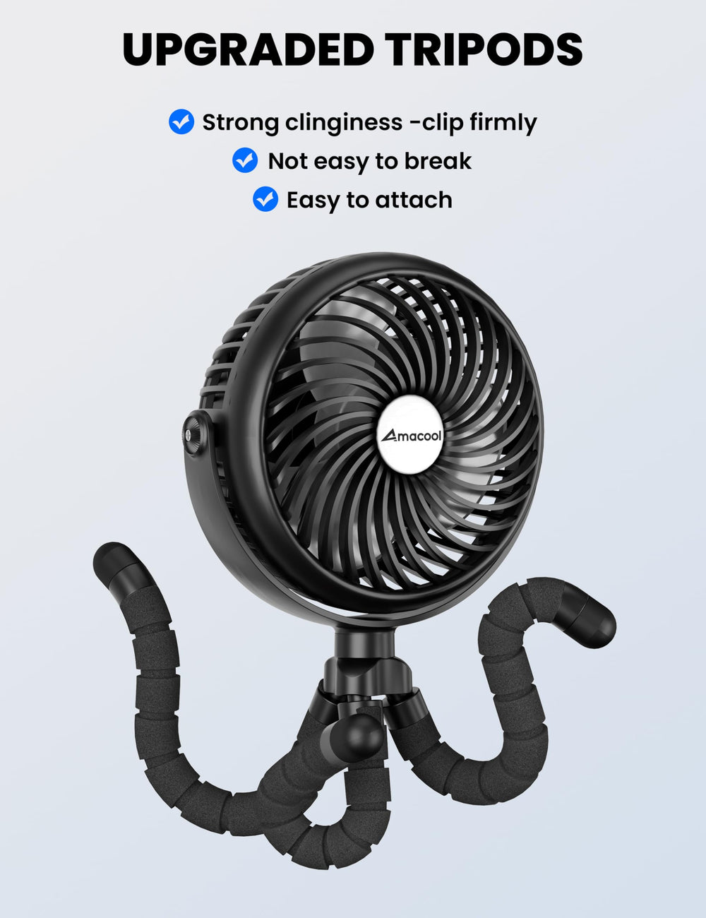 AMACOOL Baby Stroller Fan flexible tripod adapts to strollers and cribs.