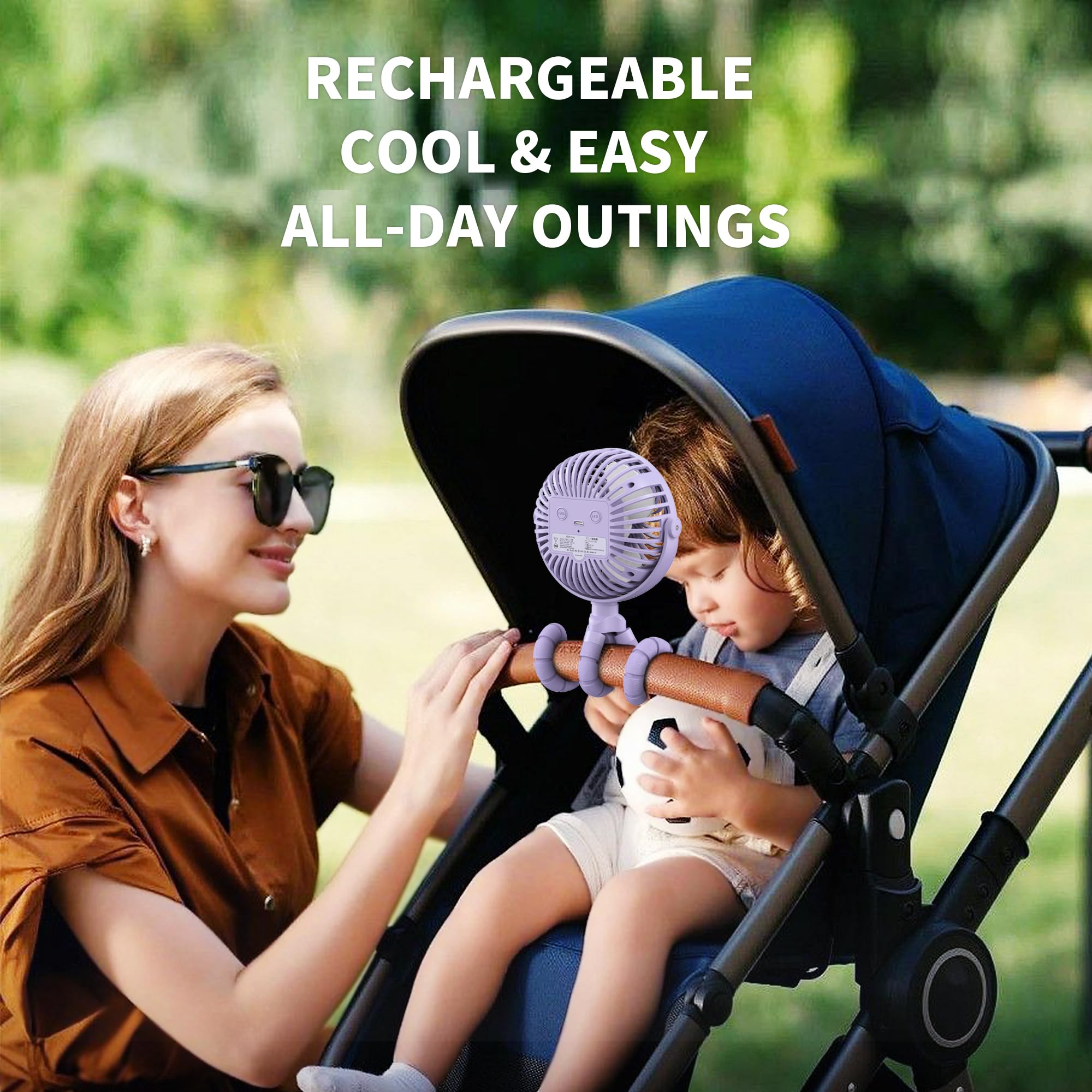 AMACOOL stroller fan head adjusted for precise breeze direction.