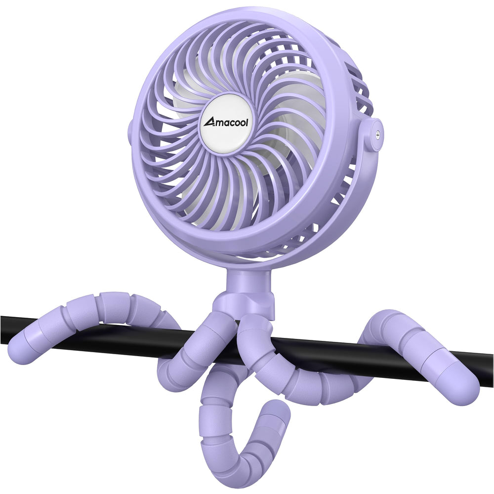 AMACOOL battery-operated stroller fan clipped on securely for a travel-ready ride.