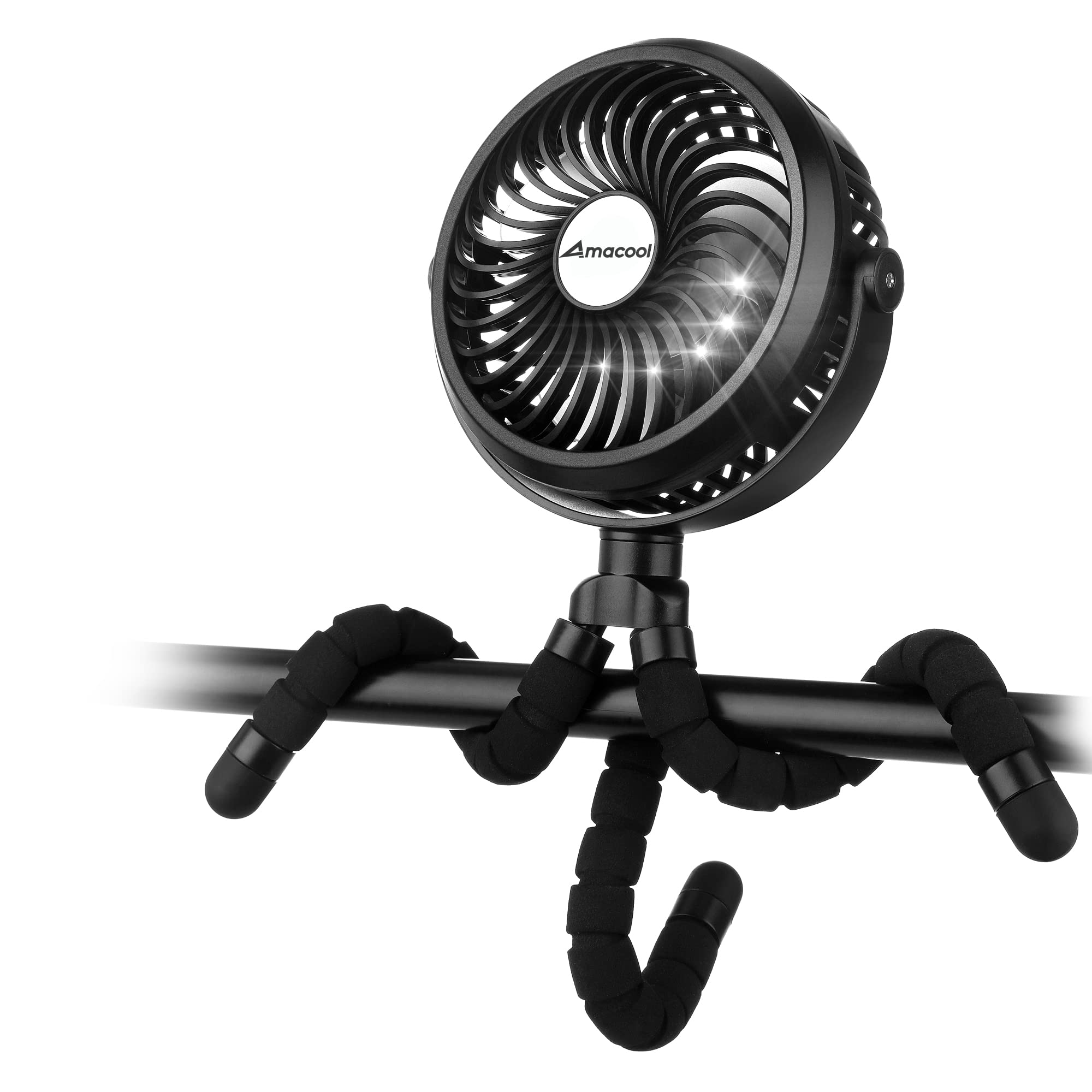 AMACOOL battery-operated stroller fan clip-on for quick, on-the-go attachment.