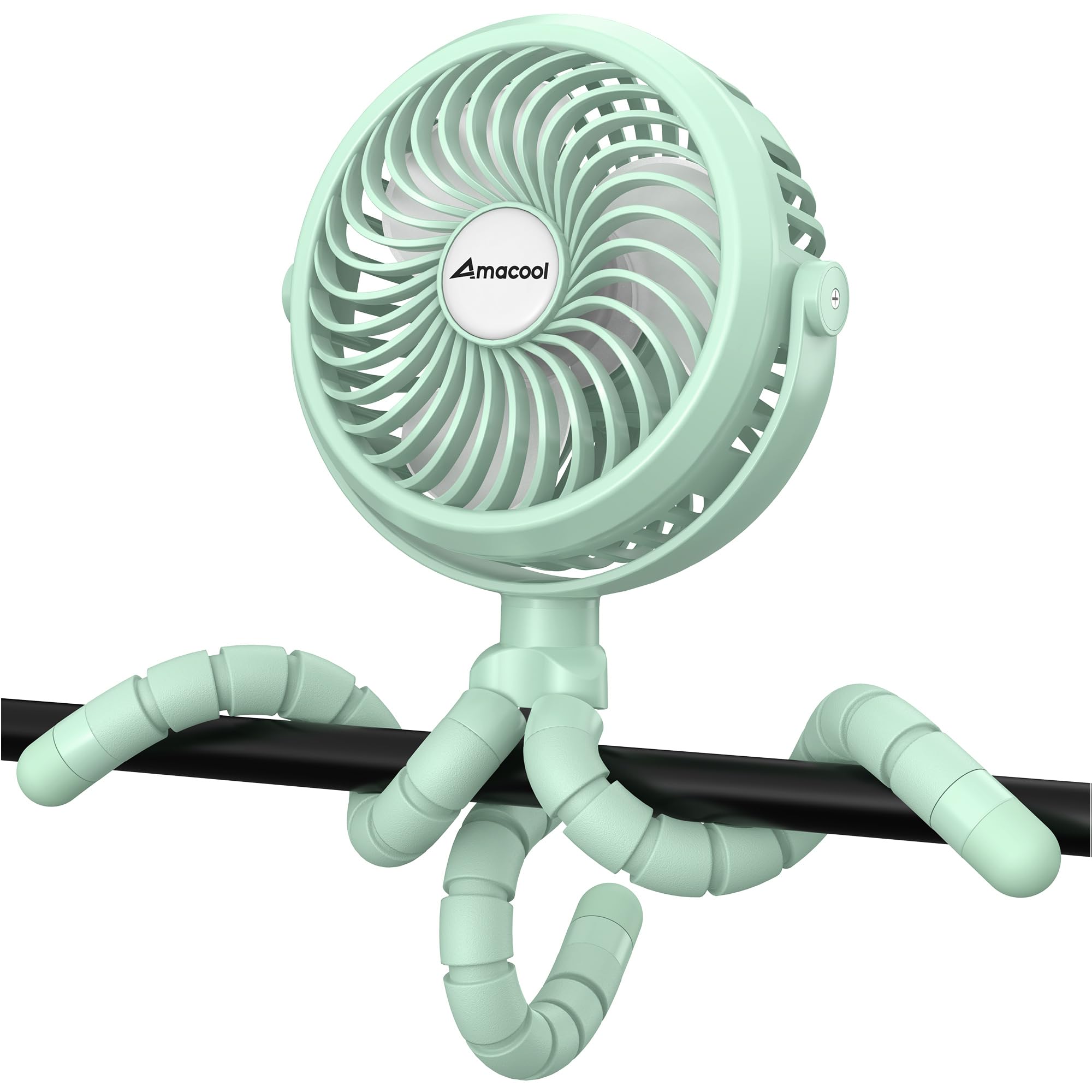 AMACOOL stroller fan clip-on close-up showing flexible tripod for car seat safety