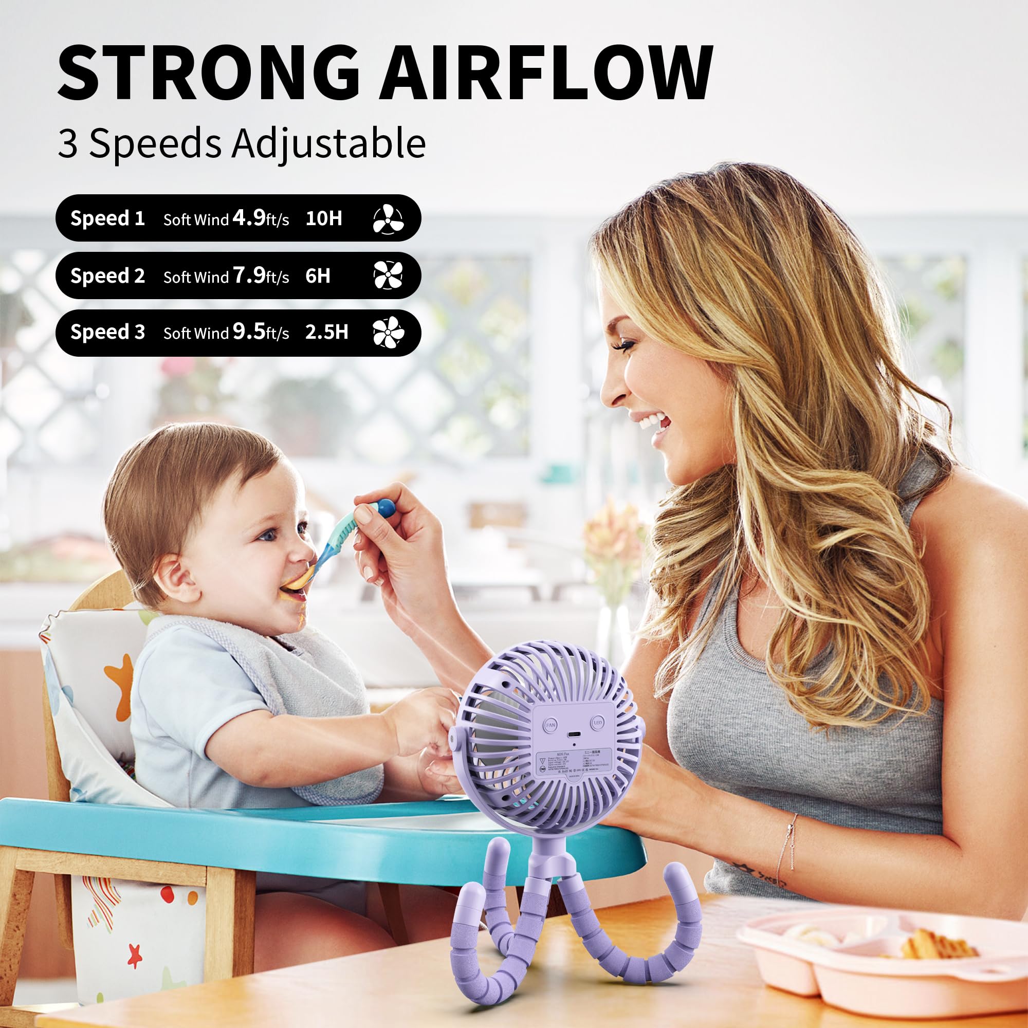 AMACOOL portable tripod shows versatile mounting on stroller or car seat.