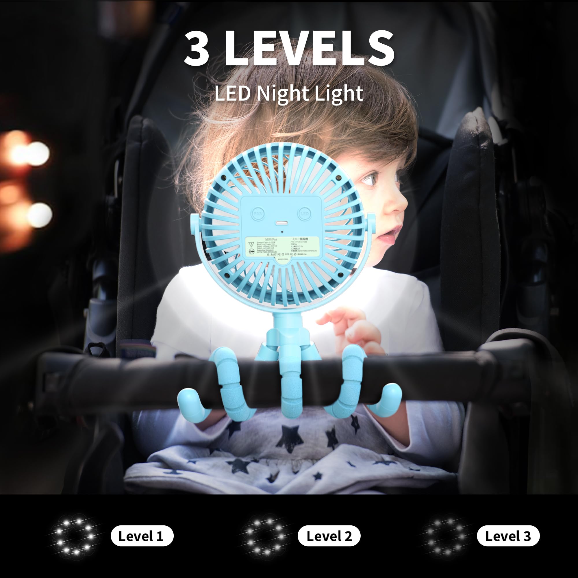 AMACOOL stroller fan blue with LED night light for low-light trips.