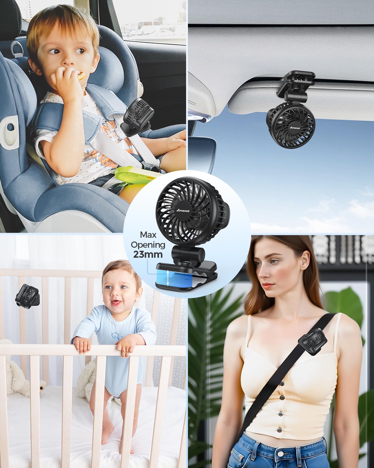 AMACOOL mini baby clip fan featuring 2000mAh battery for long runtime