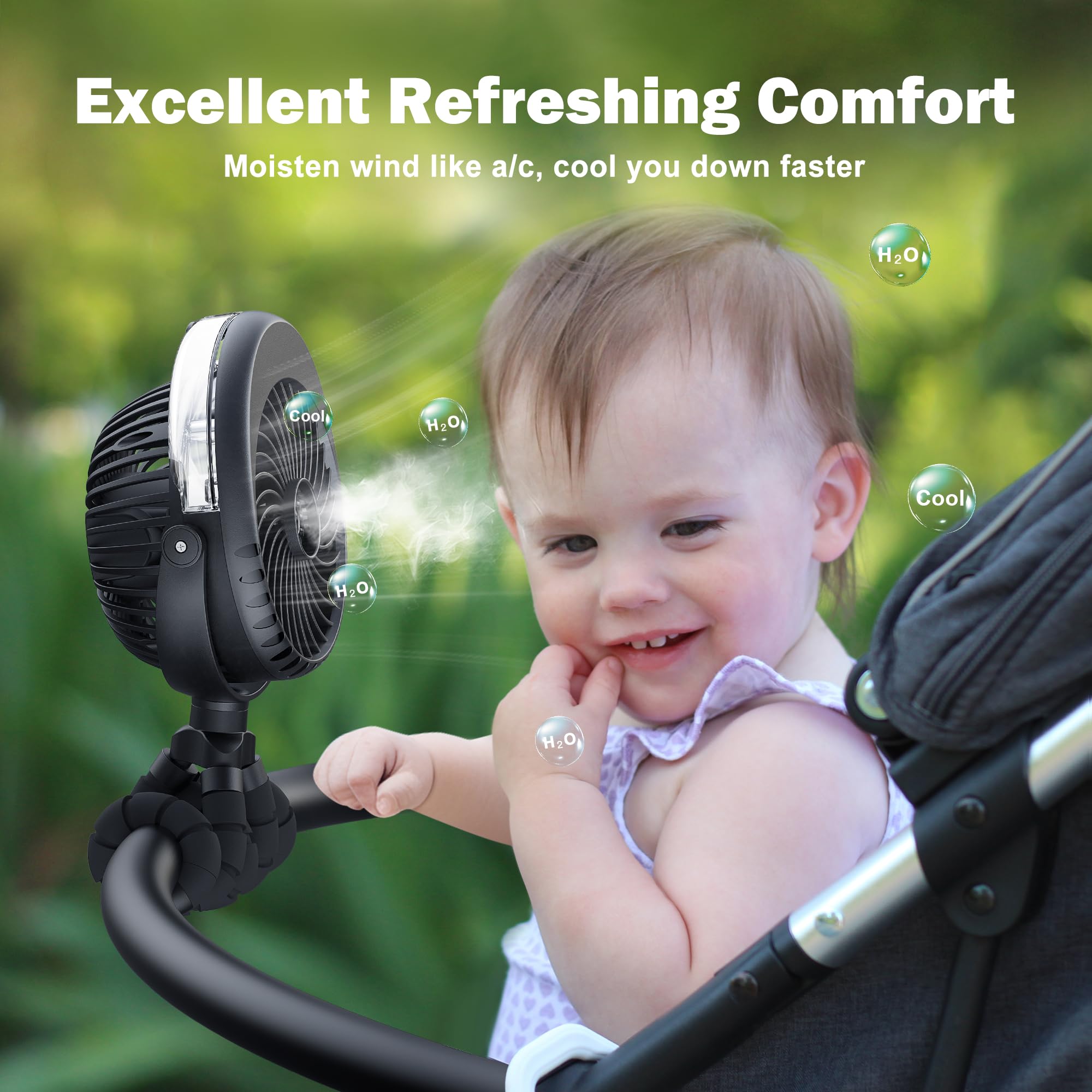 AMACOOL misting fan demonstrates 360° pivot for targeted airflow.