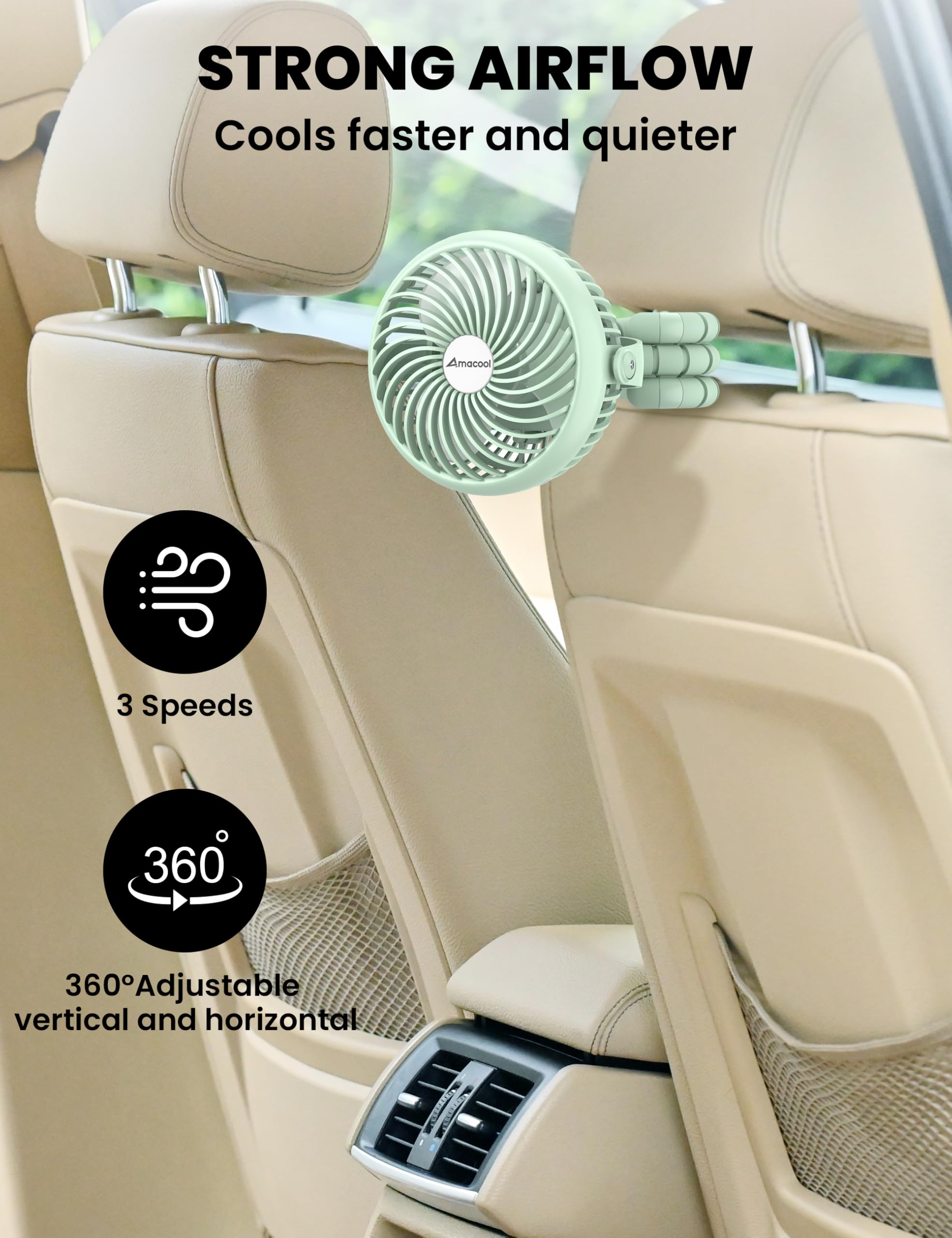 AMACOOL stroller fan head rotates 360 for precise breeze.