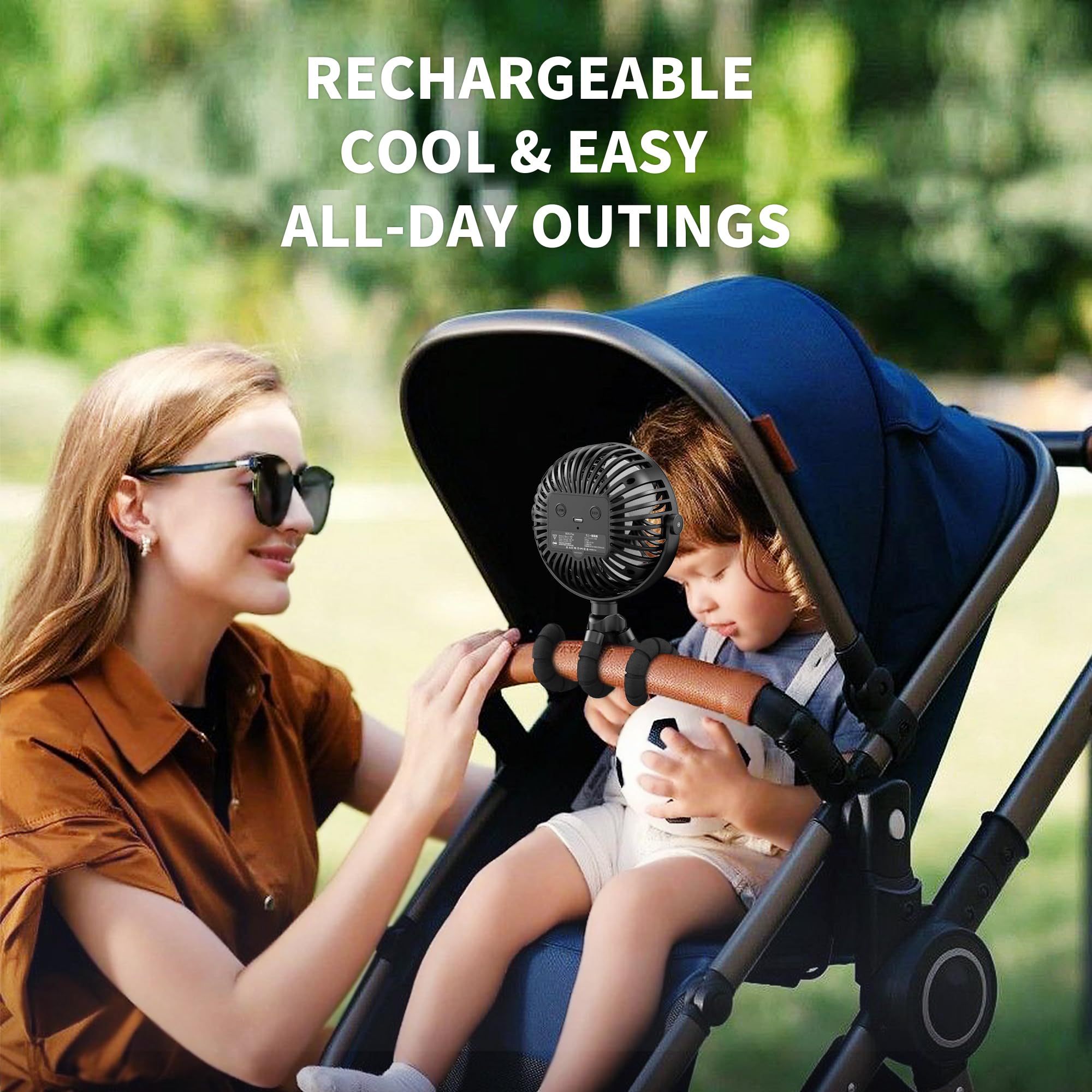 AMACOOL stroller fan with flexible tripod legs for versatile positioning.