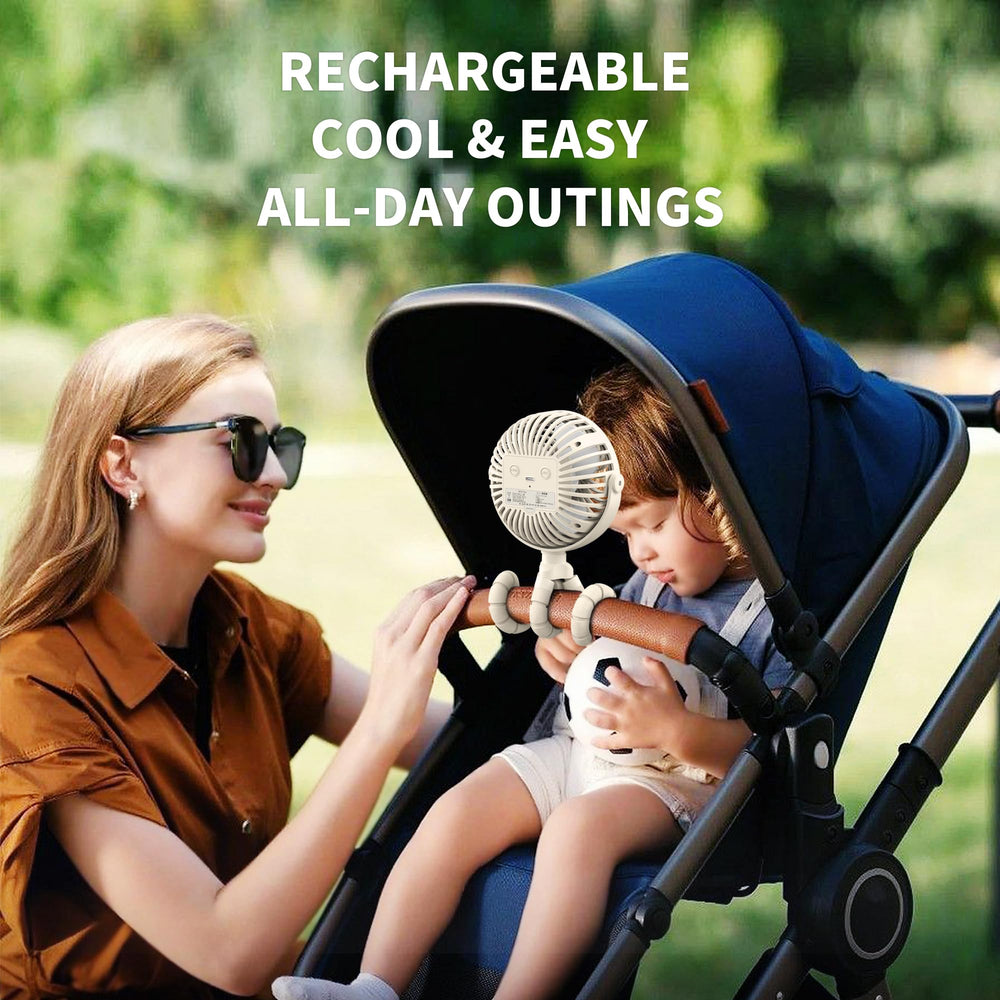 AMACOOL stroller fan with flexible tripod demonstrates adjustable positioning.